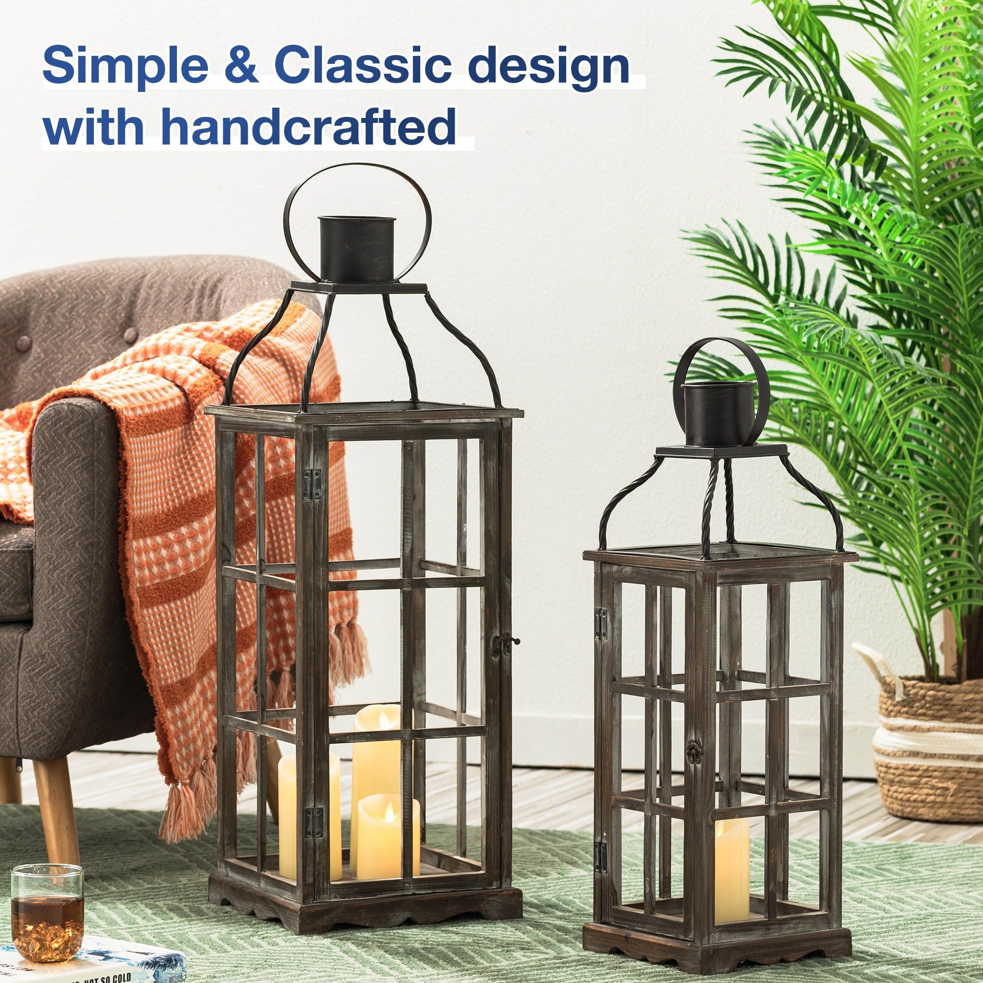 Glitzhome Oversized Farmhouse Wooden Metal Cage Candle Holders Patio Hanging Decorative Lanterns (Set of 2)