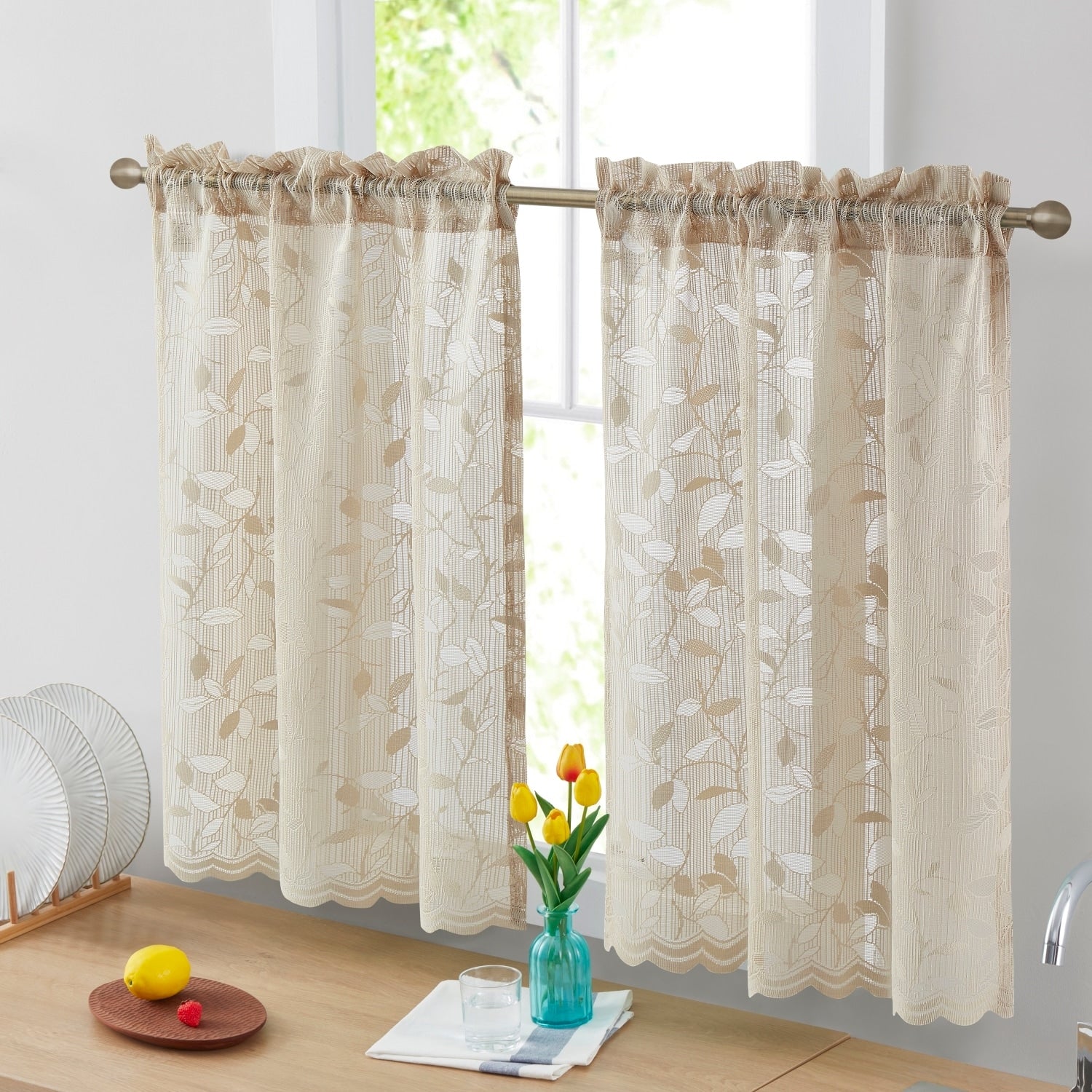 HLC.me Joyce Lace Sheer Kitchen Cafe Curtain Tiers for Small Windows, Kitchen & Bathroom