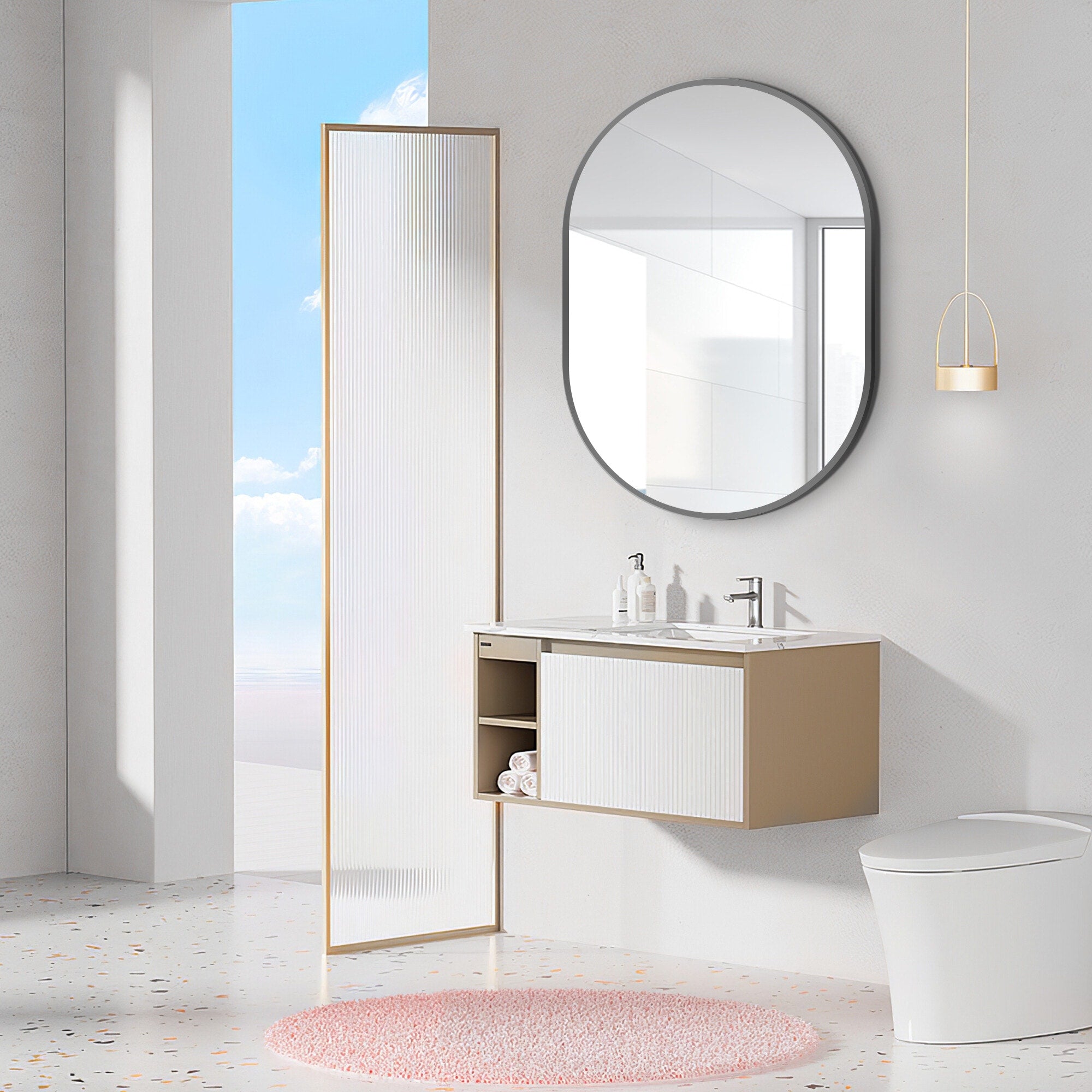 Small Oval Aluminum Framed Wall Bathroom Vanity Mirror