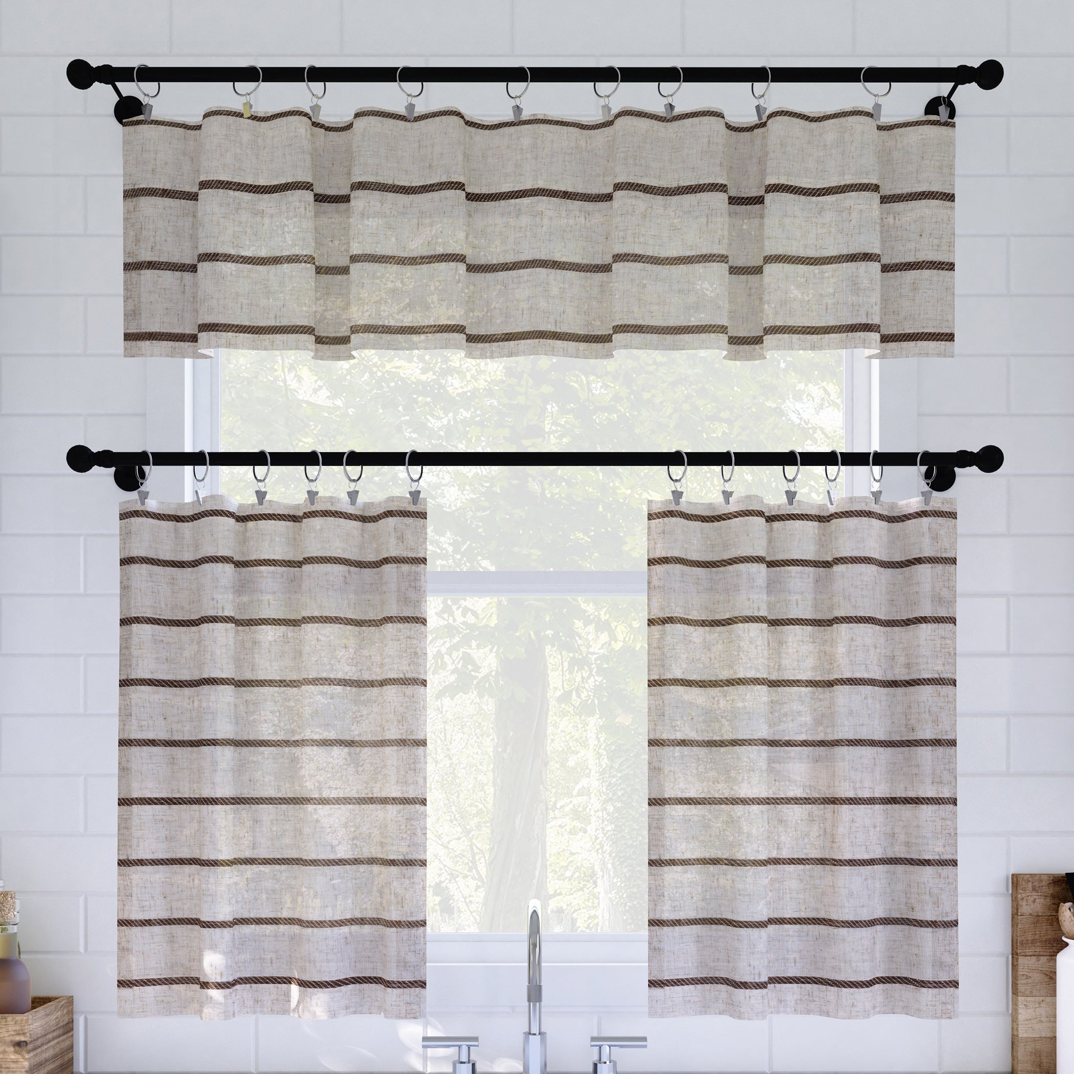 Clean Window Twill Stripe Anti-Dust Linen Blend Sheer Cafe Curtain Valance