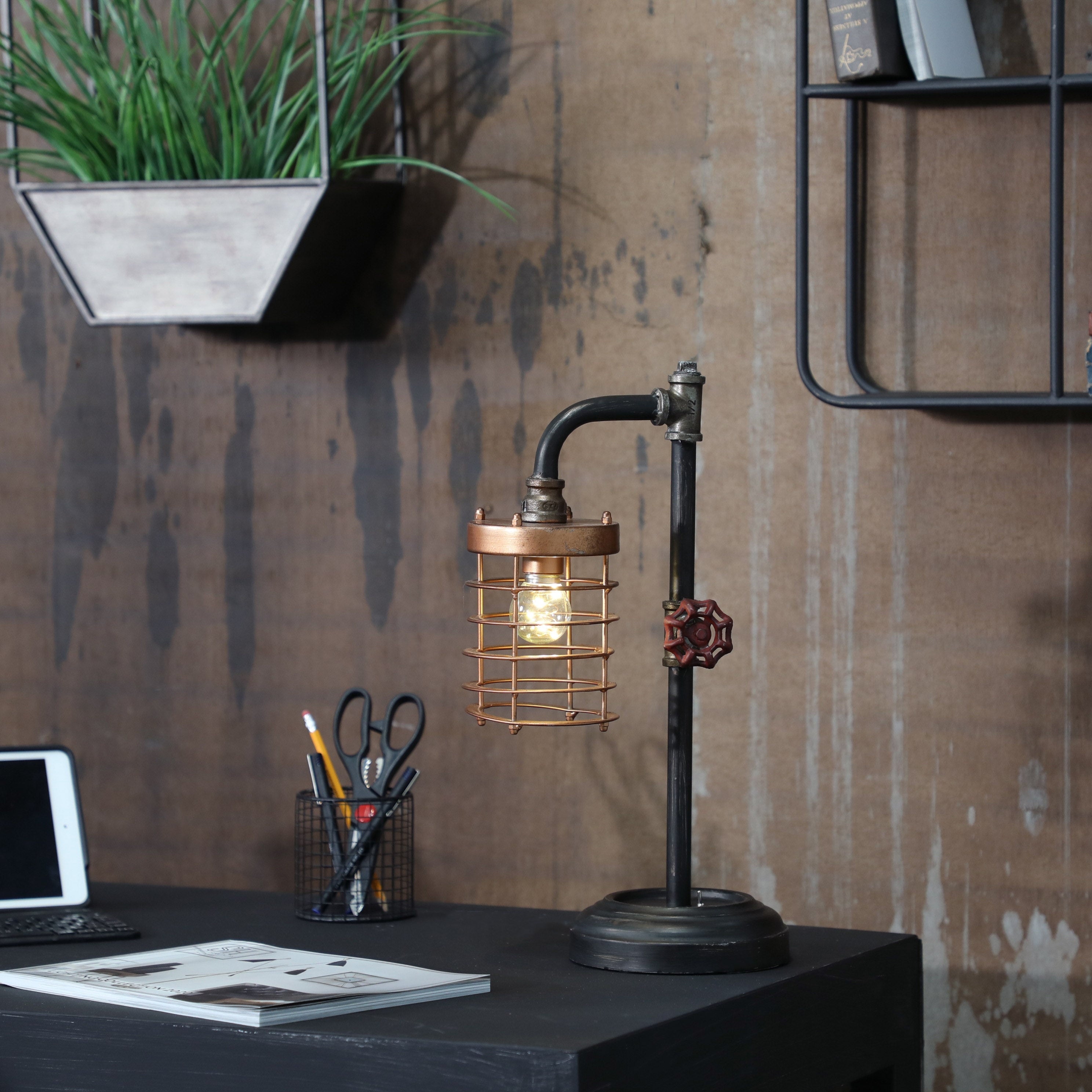 Sagebrook Home Industrial Style Metal Pipe Table Lamp, Bulb Included, Battery Operated, Black and Copper, 11 L x 6 W x 18 H