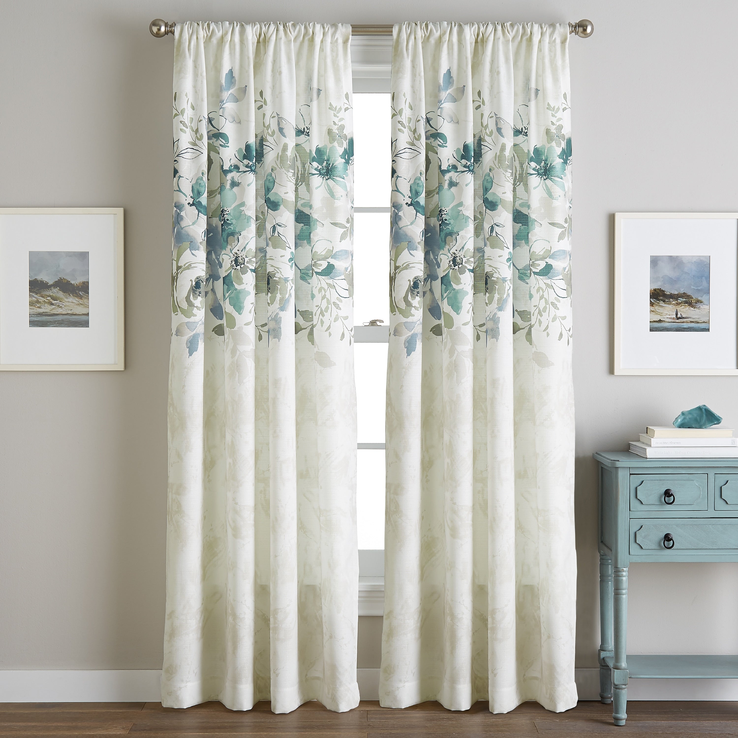 Watercolor Floral Flip Over Rod Pocket Single Curtain Panel