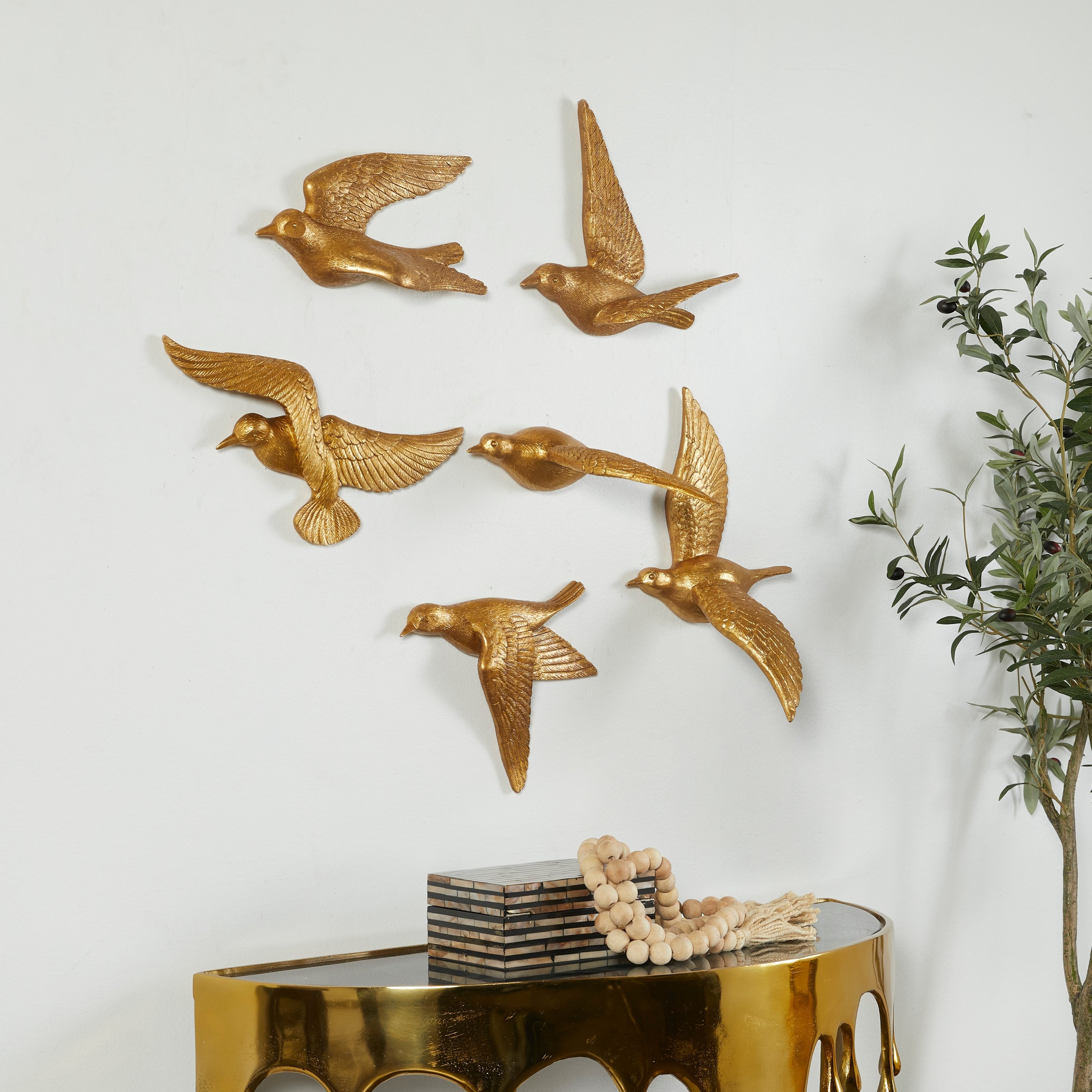 Artistic Polystone Floating Bird Wall Decor (Set of 6) - Gold, Brown, Silver