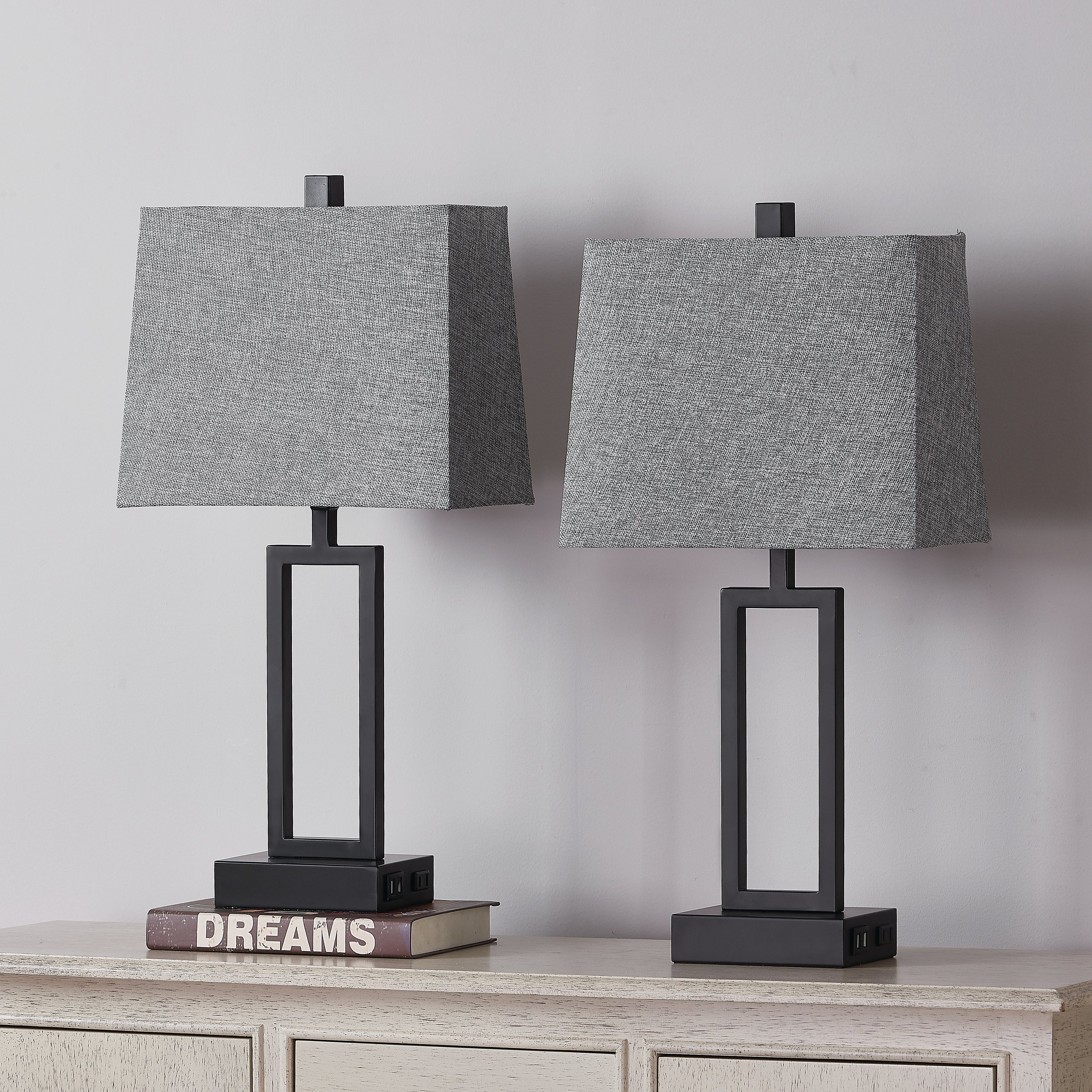 Black Metal Table Lamp with Touch Dimming Switch Charging Ports (Set of 2) - 12'' x 6.5'' x 23.5'' (L x W x H)