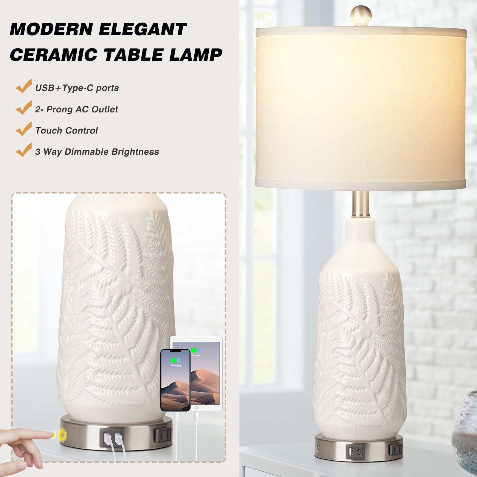 Table Lamps Ceramic White Special Texture Pattern 3-Way Touch Switch USB Type-C Charging Ports AC Outlet (Set of 2)