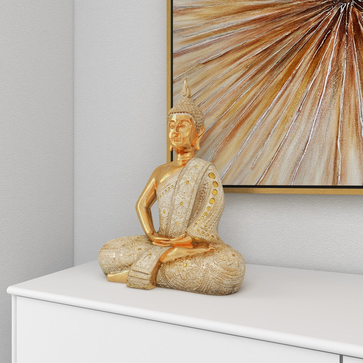 Polystone Buddha Meditating Decorative Sculpture with Intricate Carvings and Mirrored Embellishments - Gold - Roche River Decor