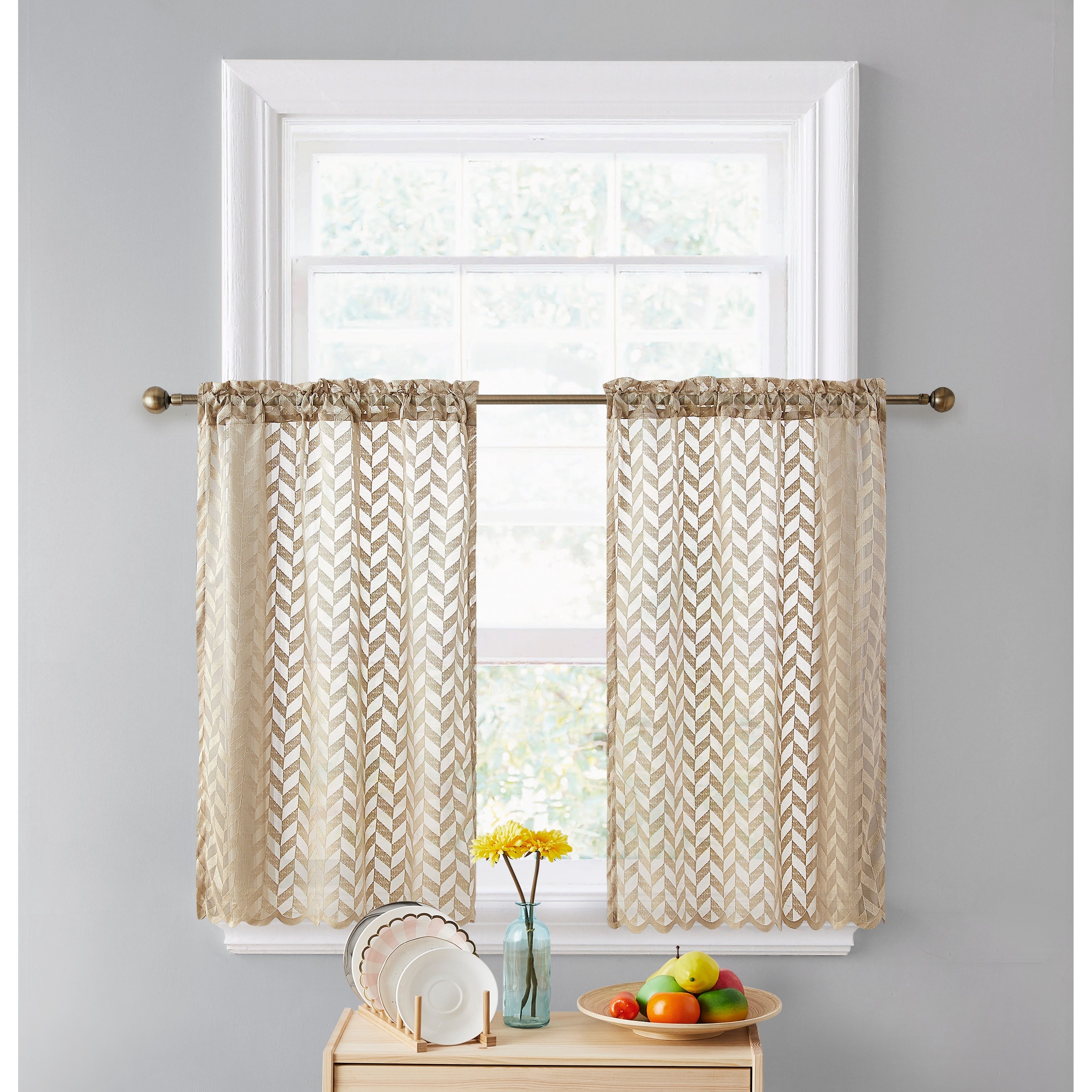 HLC.me Herringbone Lace Sheer Kitchen Cafe Curtain Tiers Swags Valance for Small Windows & Bathroom