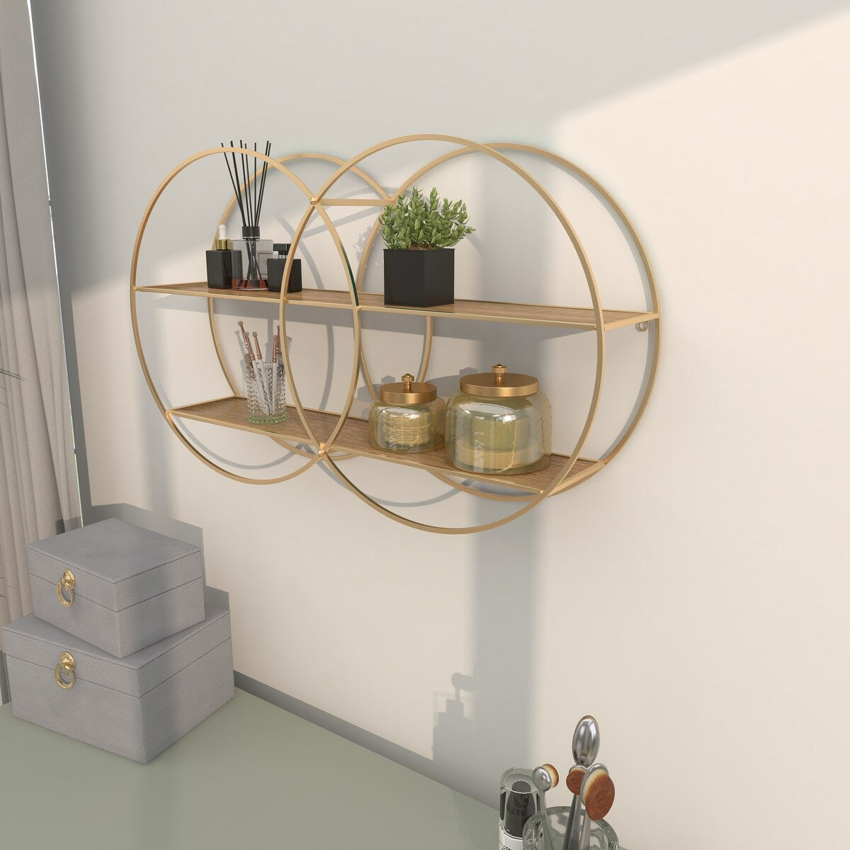 Metal Round 2 Shelves Wall Shelf - Gold - CosmoLiving by Cosmopolitan