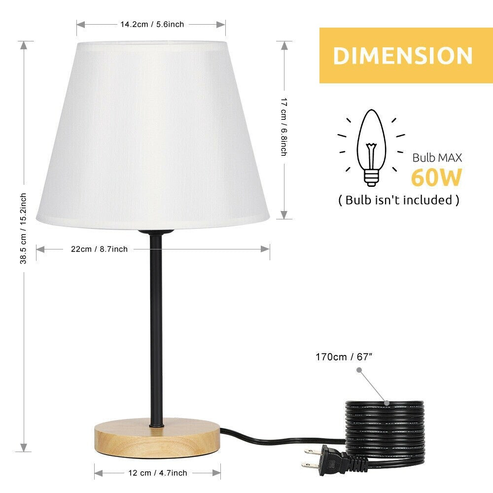 Oumilen Bedside Lamp with Wooden Base Fabric Shade, Black, 2-Pieces