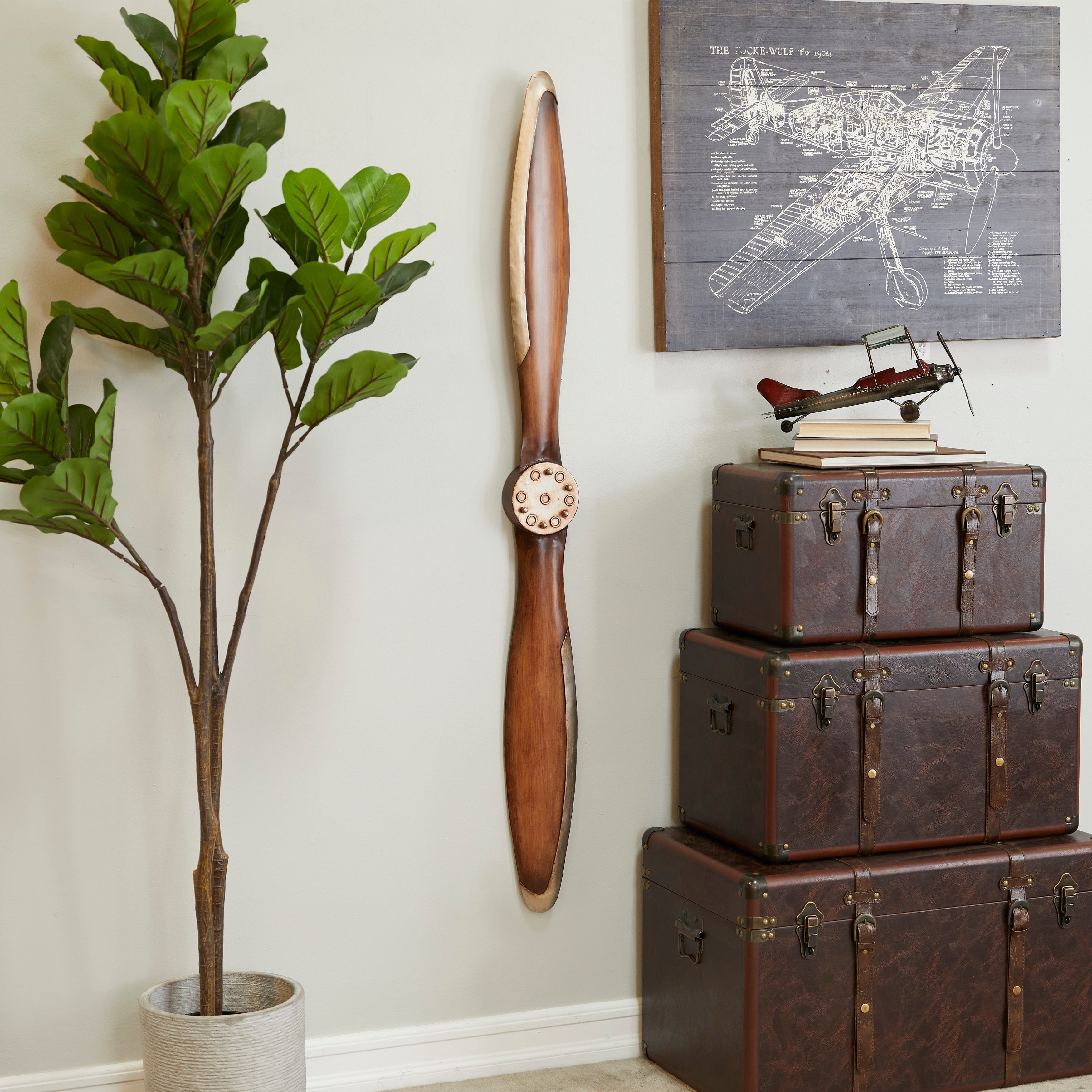 Vintage Brown Metal 2 Blade Airplane Propeller Wall Decor with Aviation Detailing