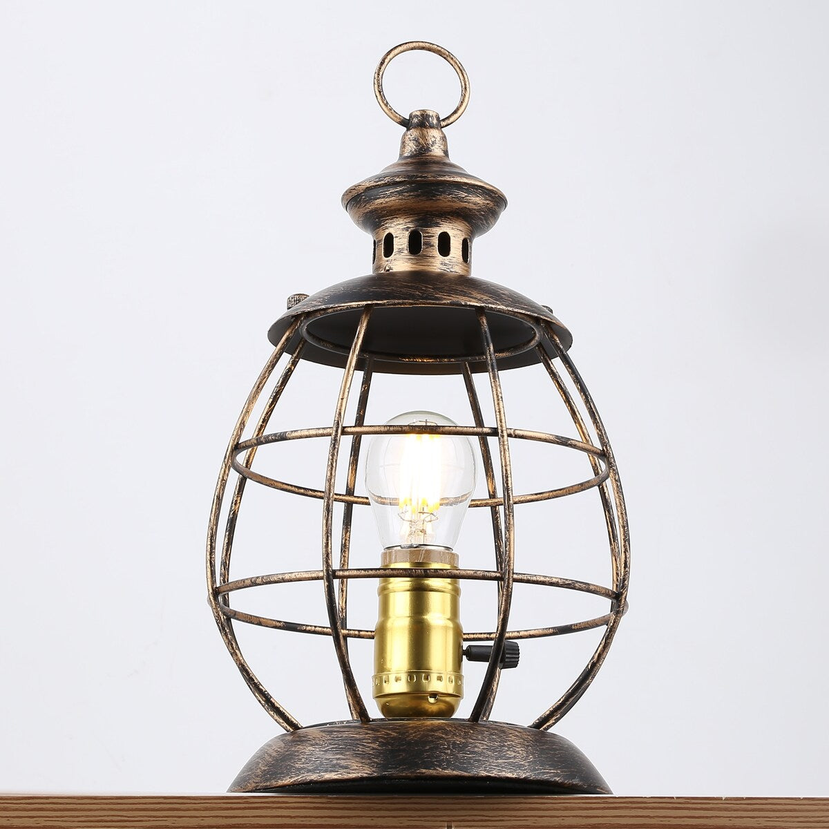 Antique Industrial Modern Electric Lantern Table Lamp for Bedroom Bedside, Metal Cage Shade Reading Desk Lamp for Living Room