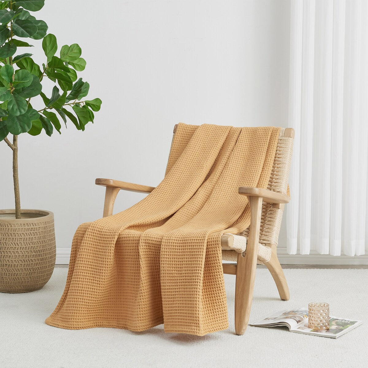 Linery & Co. 100% Cotton All-Season Lightweight Waffle Weave Knit Throw Blanket