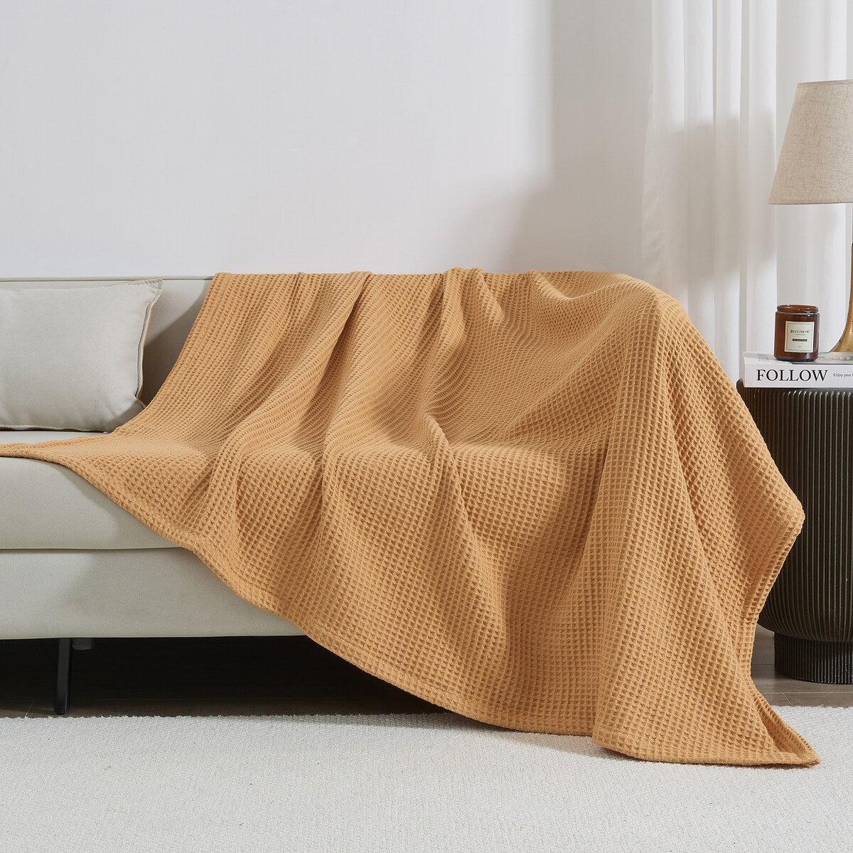 Linery & Co. 100% Cotton All-Season Lightweight Waffle Weave Knit Throw Blanket