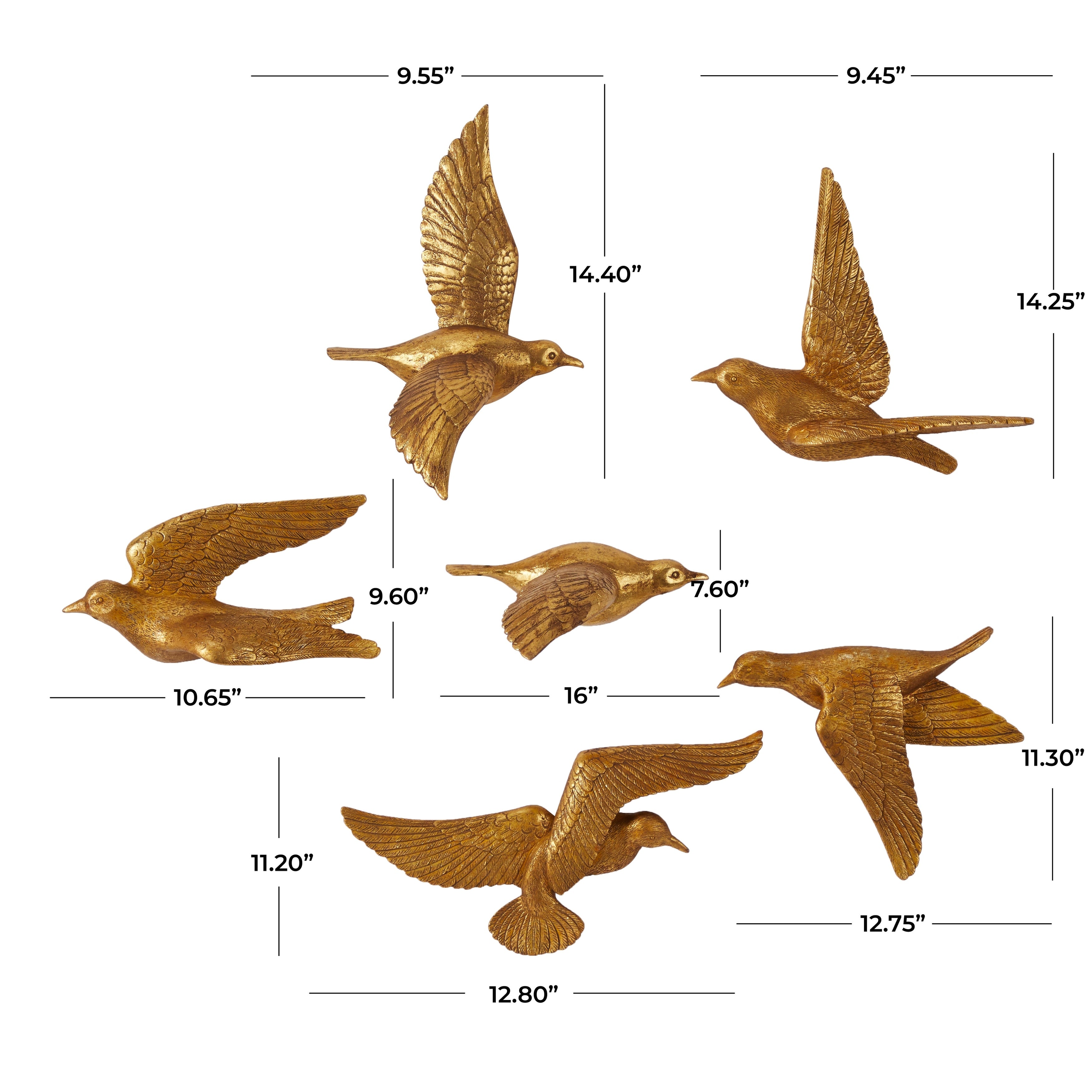 Artistic Polystone Floating Bird Wall Decor (Set of 6) - Gold, Brown, Silver