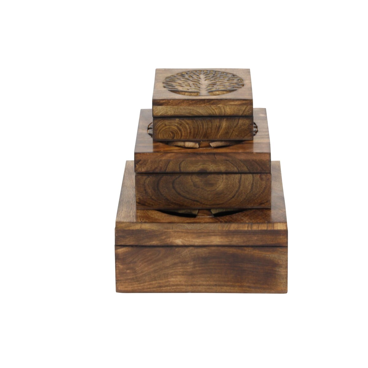 Wood Tree Handmade Decorative Box with Hinged Lid - Set of 3 Brown - Roche River Decor