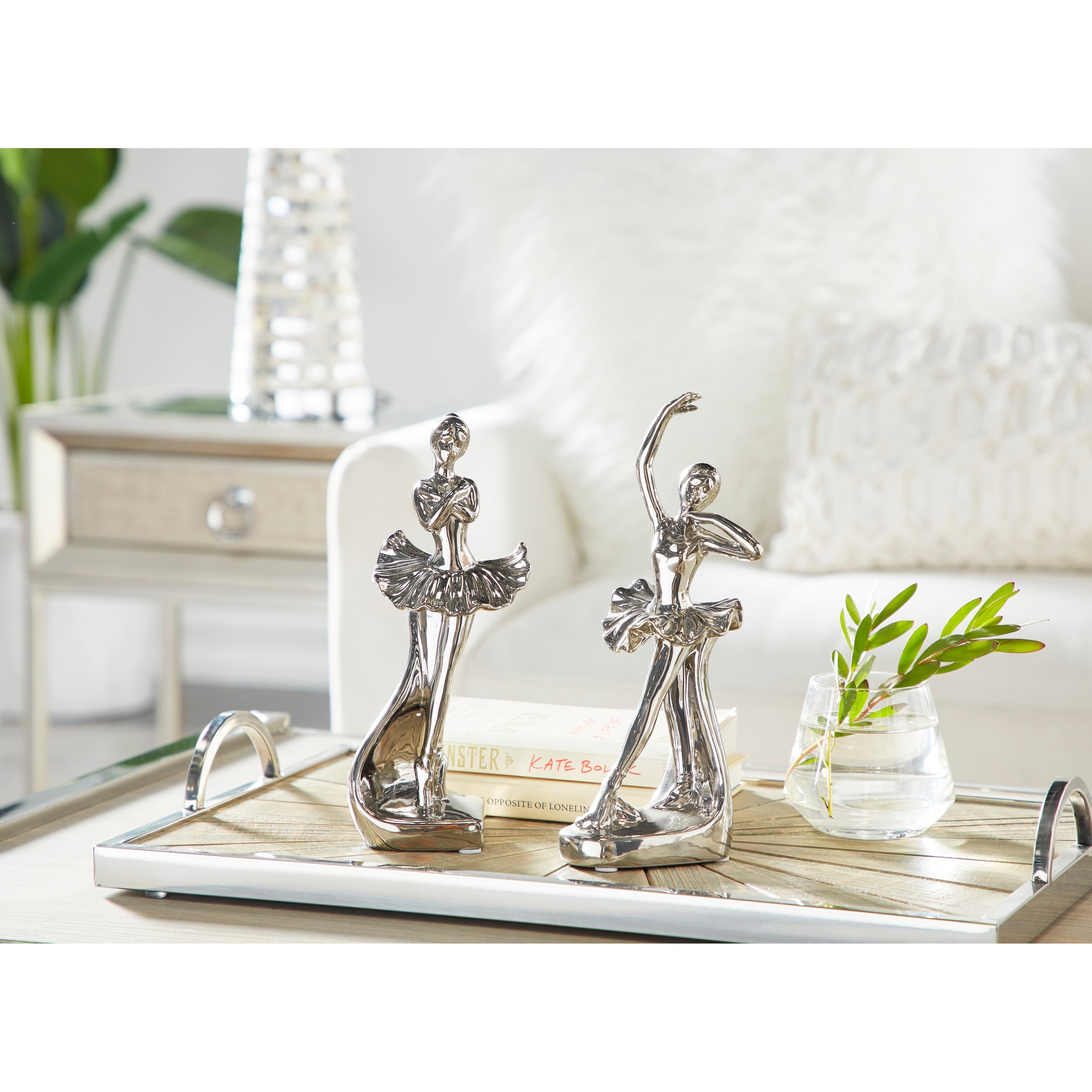 The Novogratz Silver Porcelain Ceramic Dancer Decorative Sculpture (Set of 2) - 4 x 2.75 x 11 and 3 x 2.5 x 10