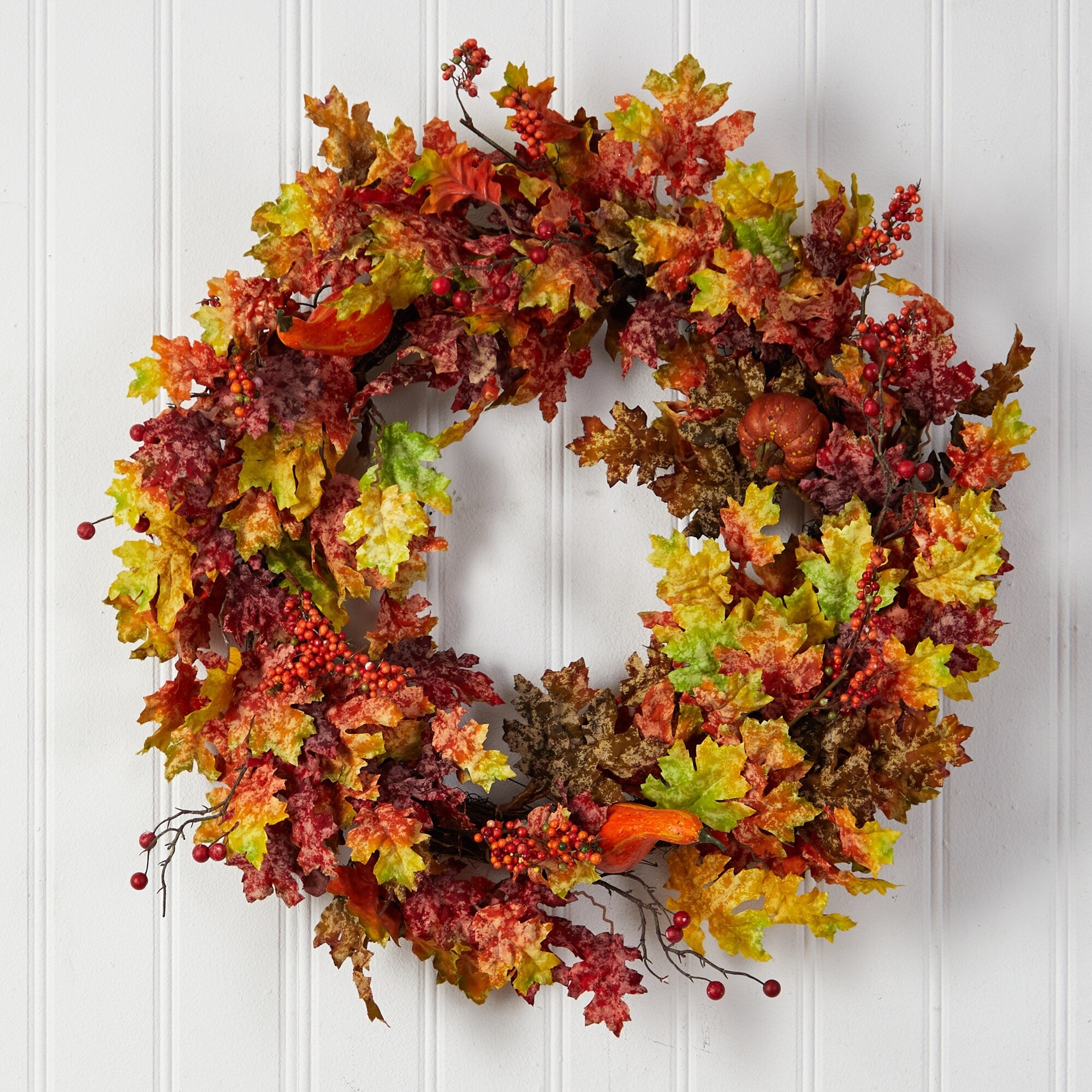 32 Autumn Oak Leaf, Berries and Pumpkin Artificial Autumn Wreath - 32