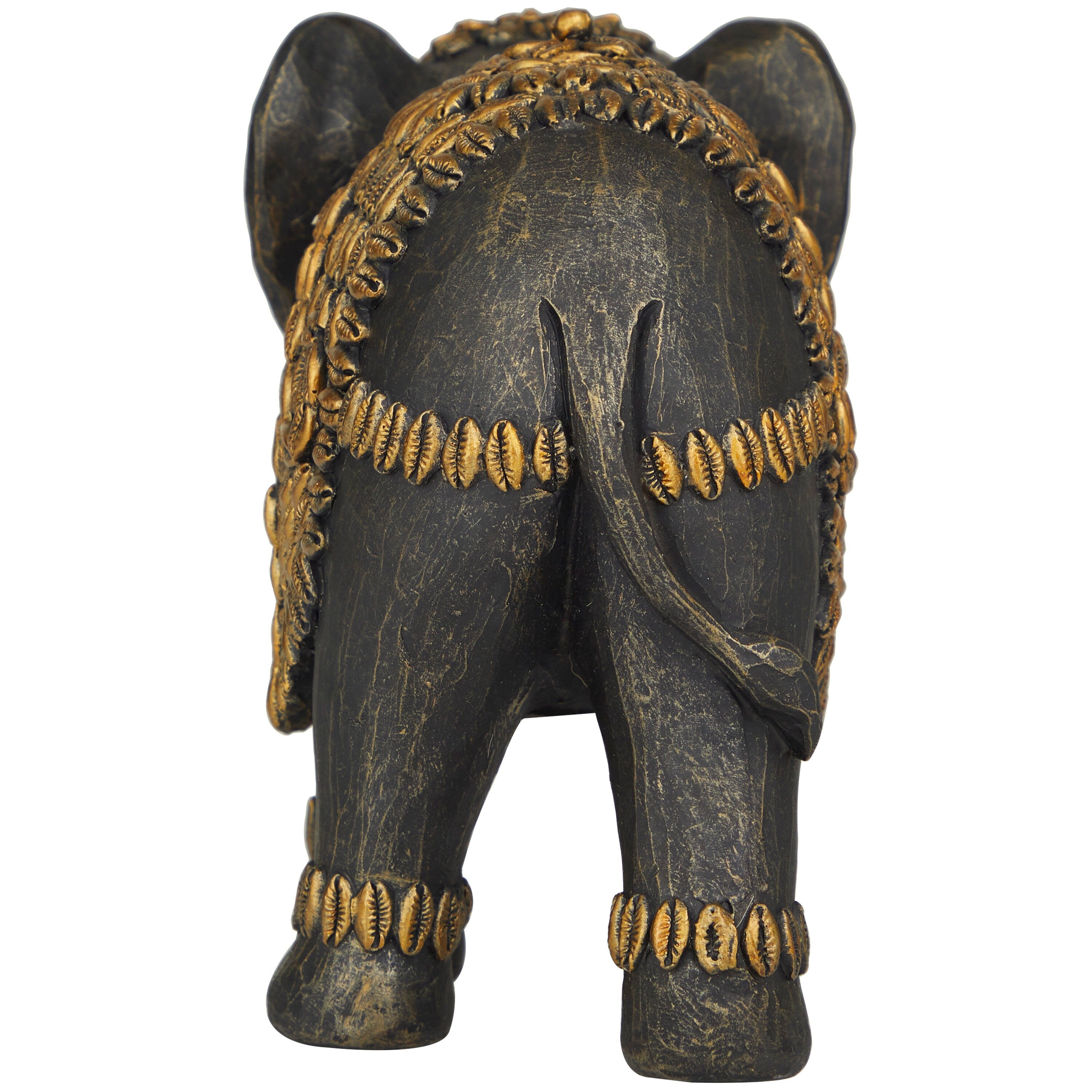 Black Polystone Elephant Sculpture with Cowrie Shell Carvings