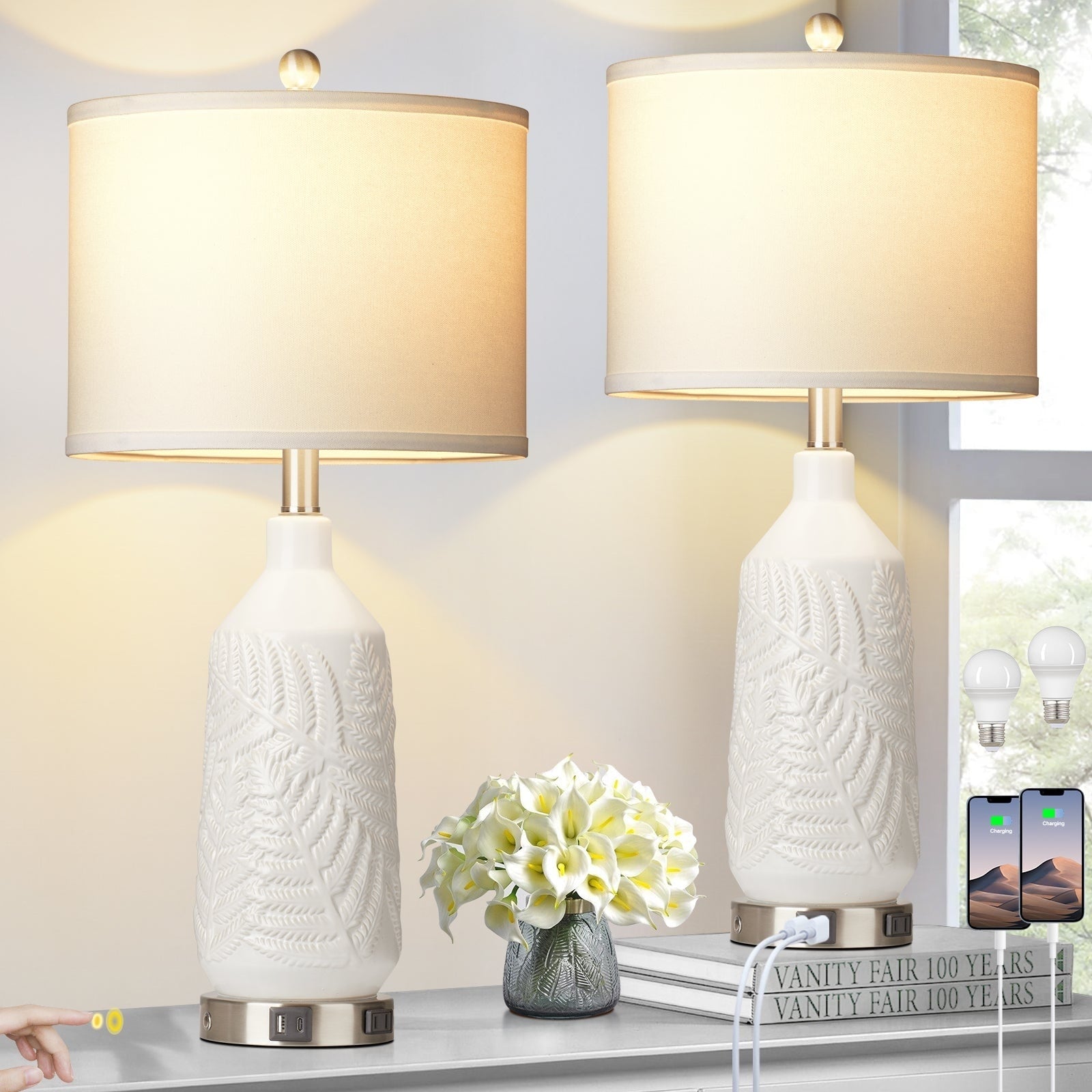 Table Lamps Ceramic White Special Texture Pattern 3-Way Touch Switch USB Type-C Charging Ports AC Outlet (Set of 2)