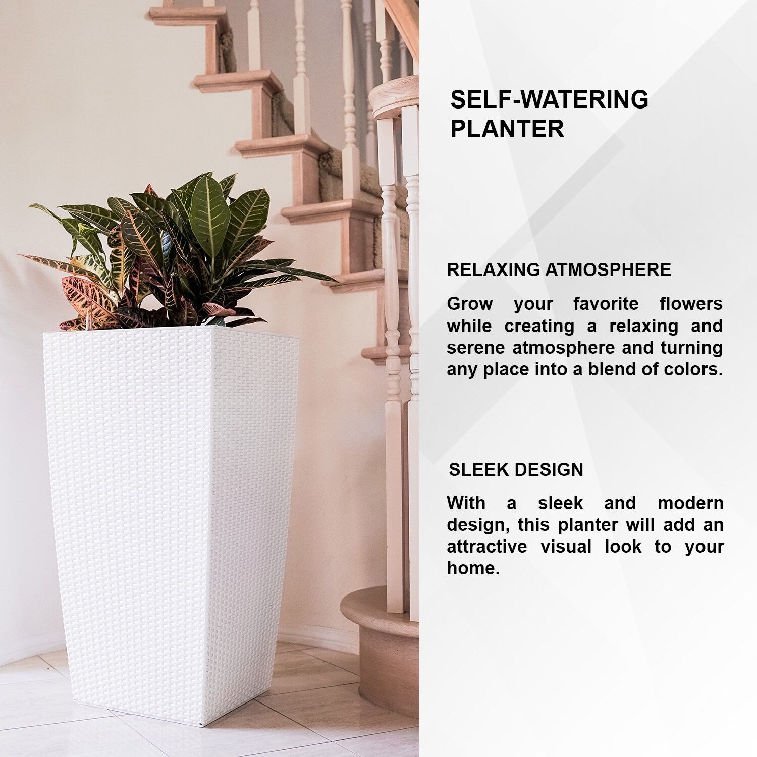 XBrand 30 H Rattan Self Watering Indoor Outdoor Square Planter Pot, Tall Decorative Gardening Pot, Home Décor Accent