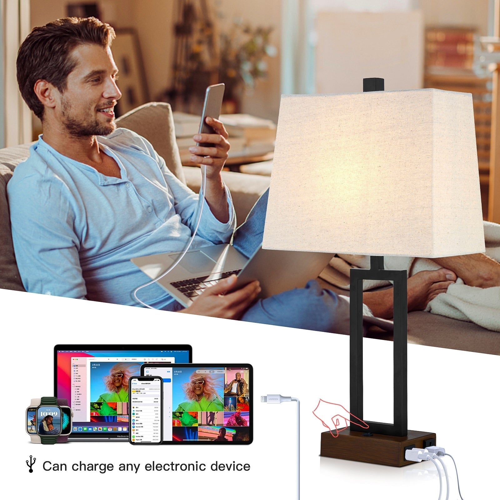 Black Metal Plug-in Table Lamp Rocker Switch USB Charging Ports AC Outlet (Set of 2) - 12'' x 6.5'' x 23.5'' (L x W x H)