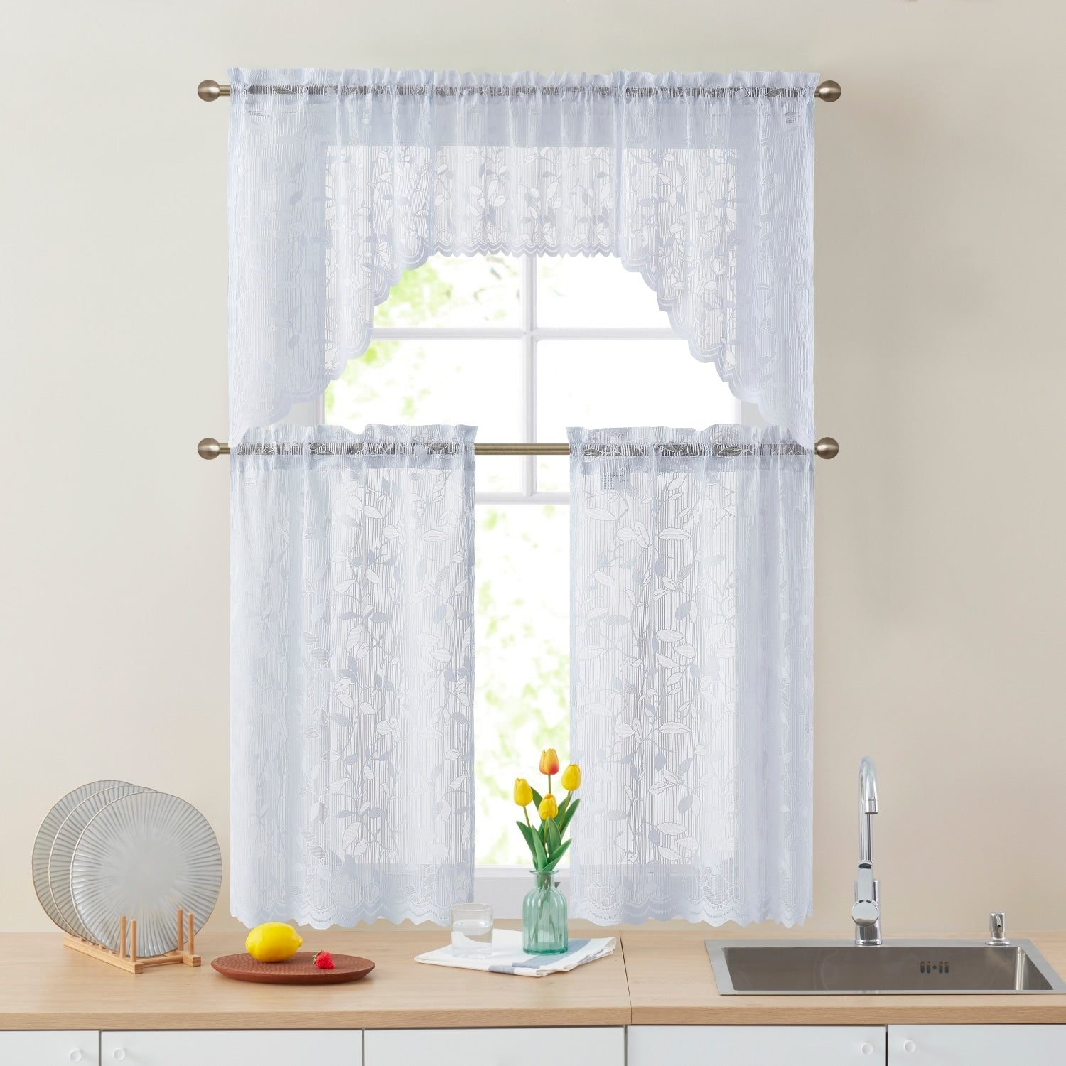 HLC.me Joyce Lace Sheer Kitchen Cafe Curtain Tiers for Small Windows, Kitchen & Bathroom