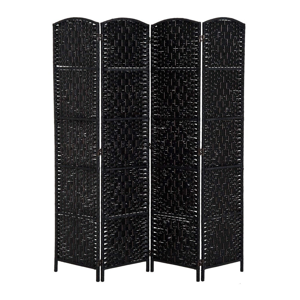 HomCom 6' Tall Wicker Weave Four Panel Room Divider Privacy Screen - Black Wood