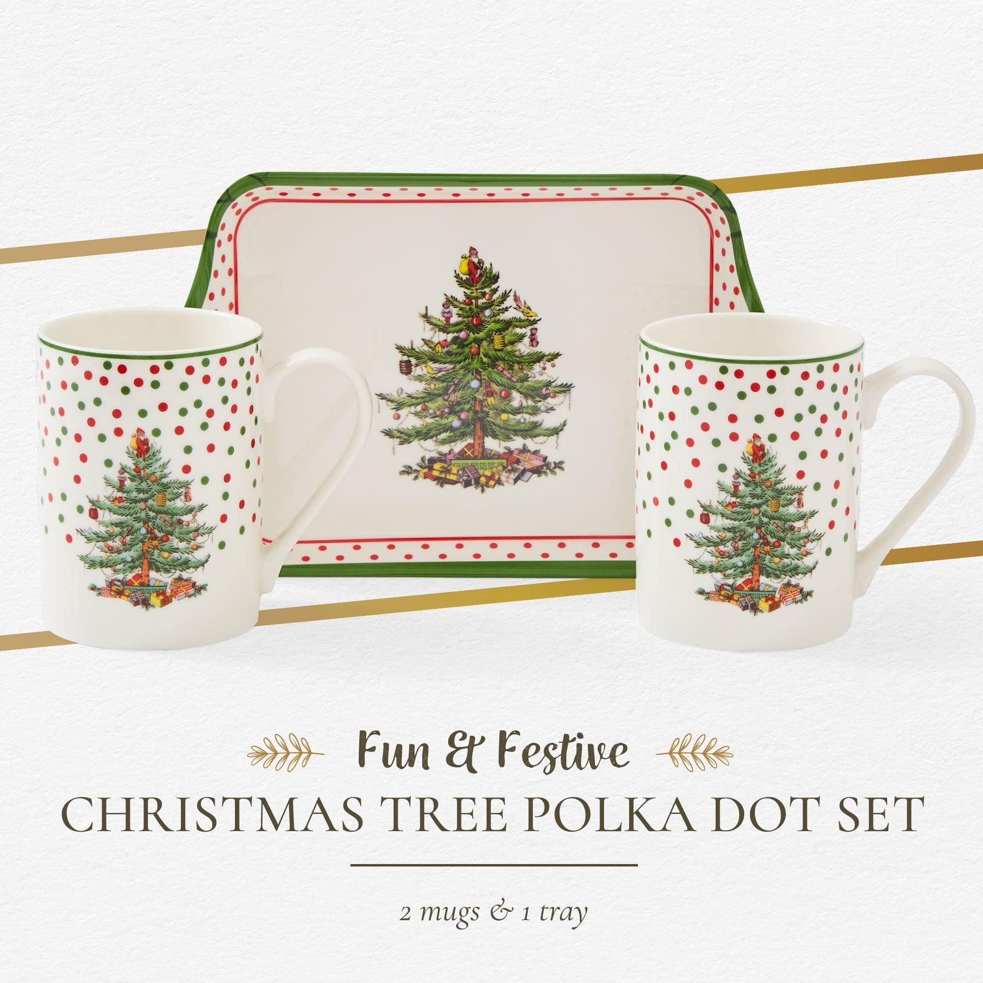 Pimpernel Christmas Tree Polka Dot Mug and Tray Set - 8 L x 5 W