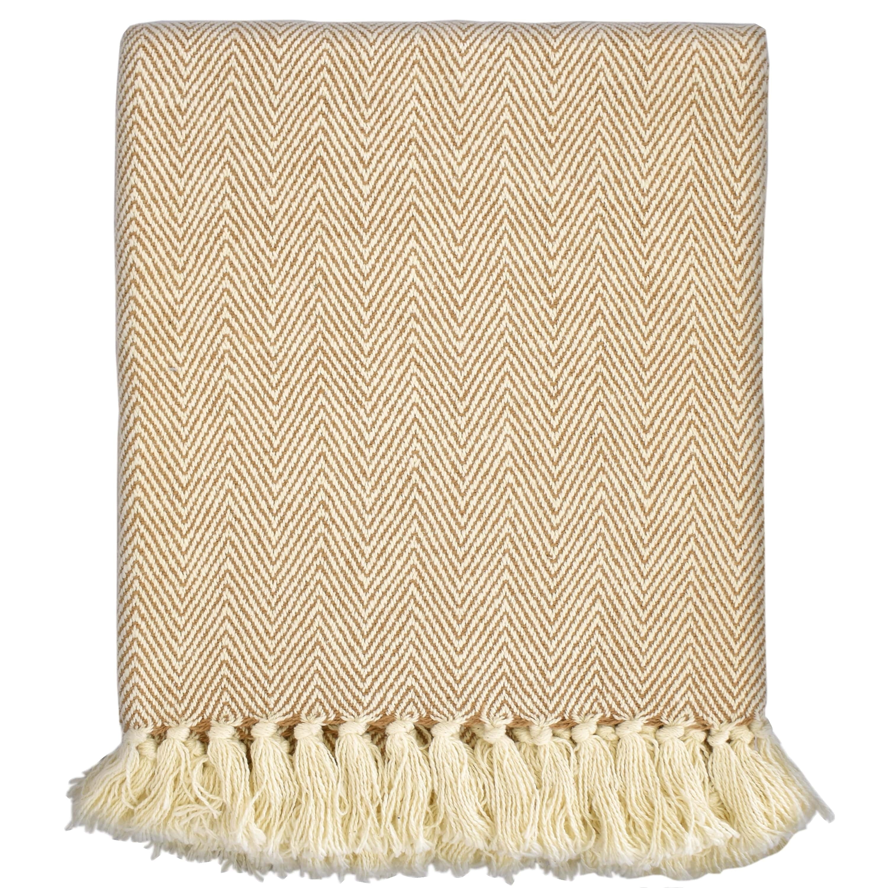 Fabstyles Herringbone Stripe Cotton Throw Blanket With Fringes