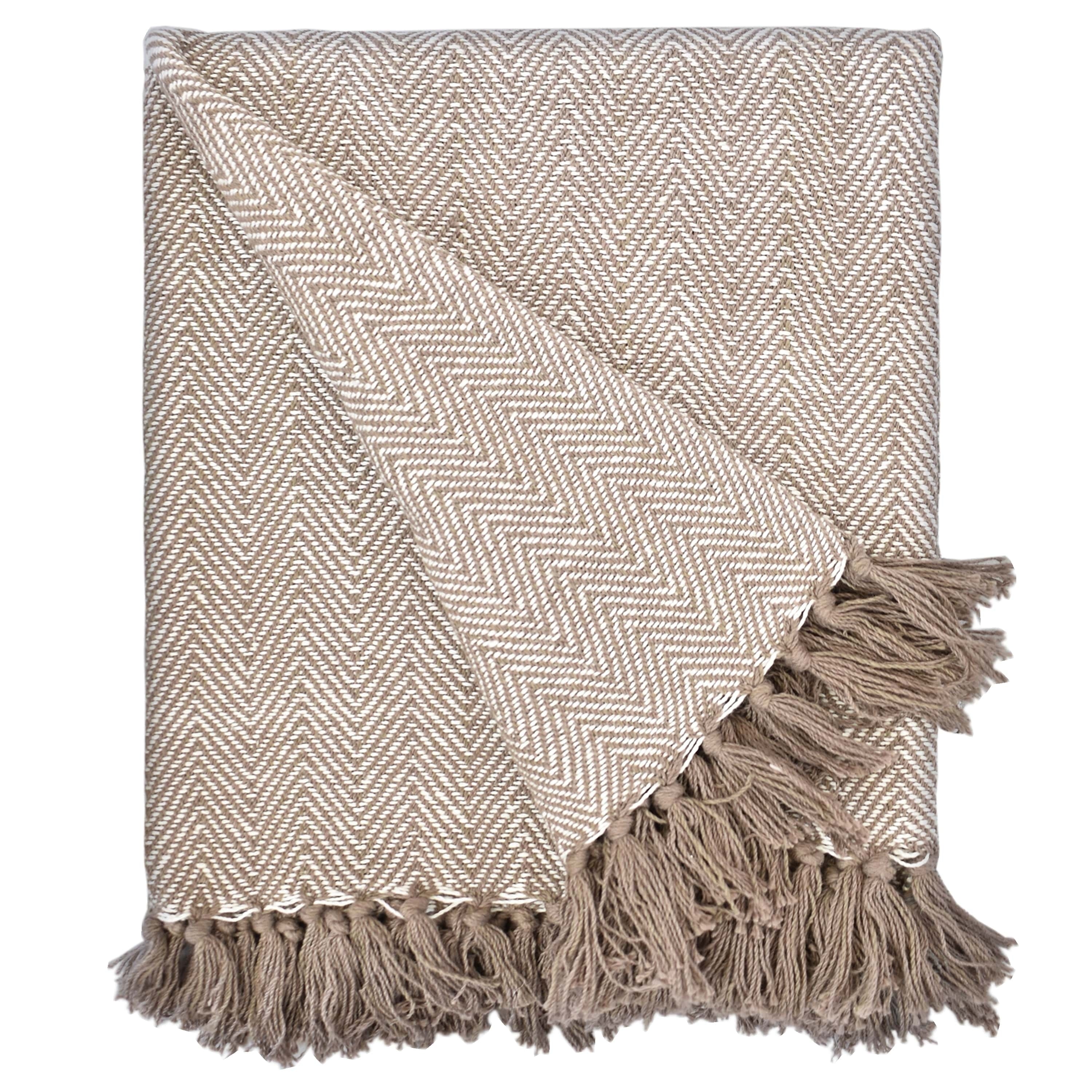 Fabstyles Herringbone Stripe Cotton Throw Blanket With Fringes