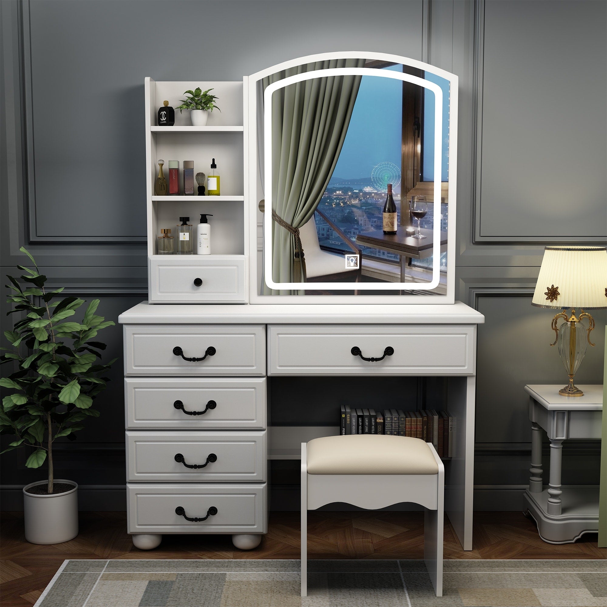 Fashion Vanity Desk with Mirror and Lights for Makeup, 6 Drawers