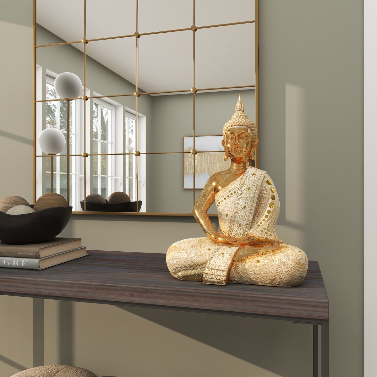 Polystone Buddha Meditating Decorative Sculpture with Intricate Carvings and Mirrored Embellishments - Gold - Roche River Decor