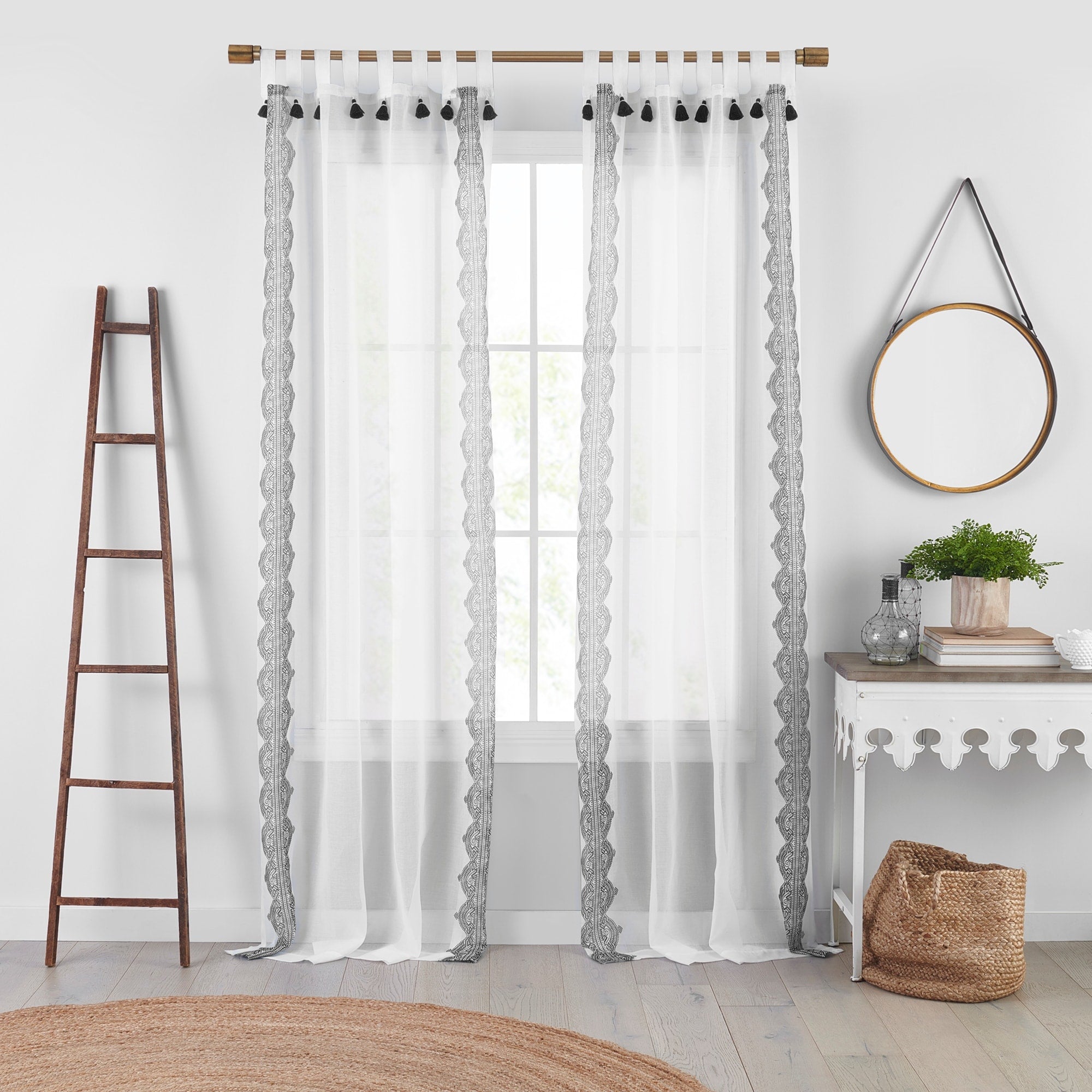 Shilo Boho Sheer Tab Top Window Curtain Panel with Tassels