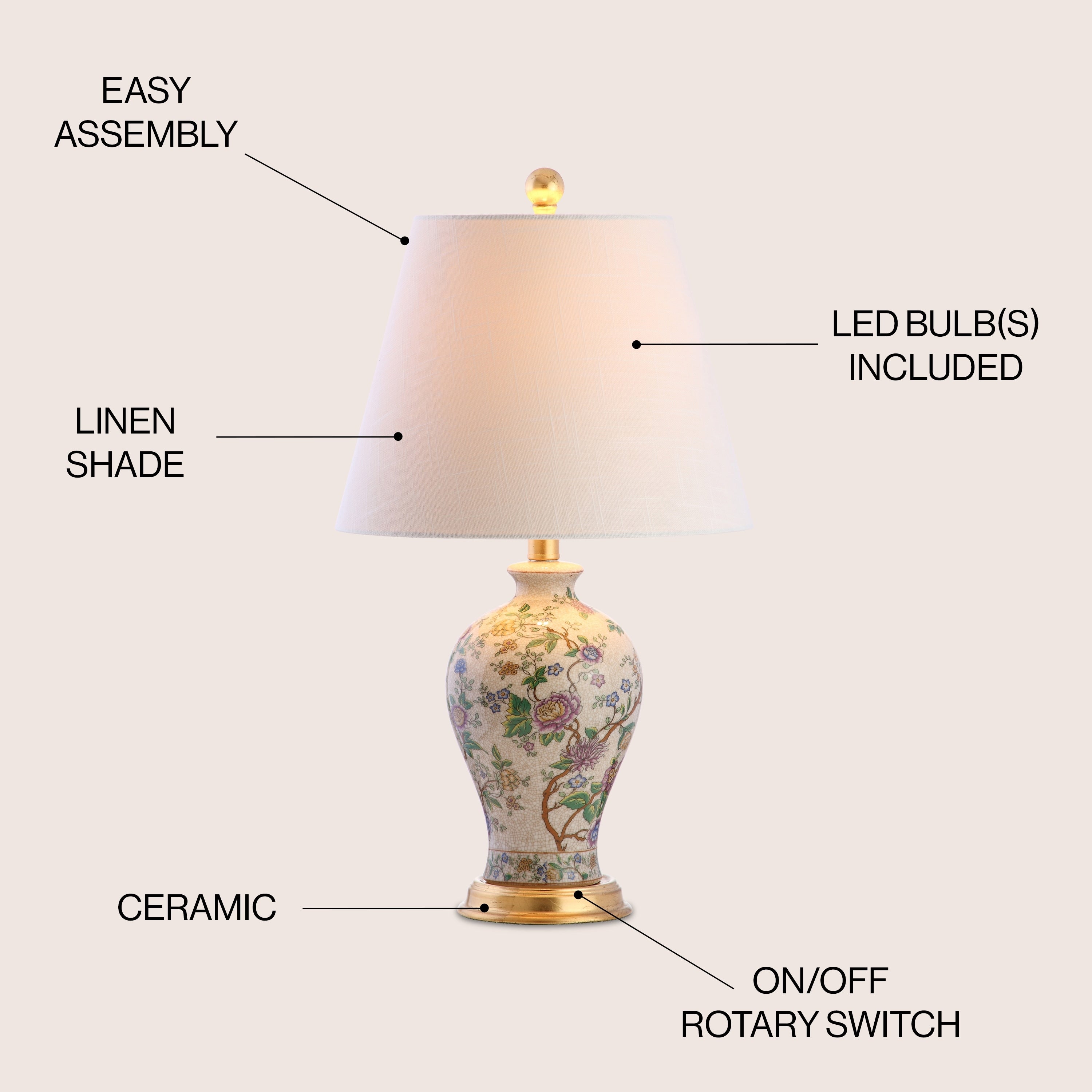 Grace 24 Floral LED Table Lamp, Multi/Brass by JONATHAN Y