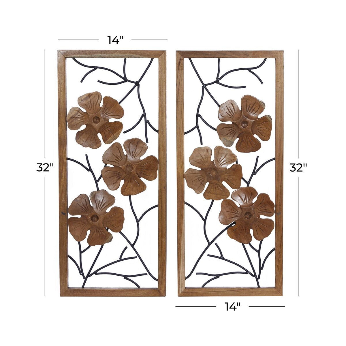 Teak Wood Floral Handmade Framed Carved Home Wall Decor with Metal Wire - Set of 2 Brown - Roche River Decor