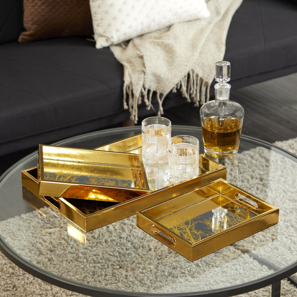 Plastic Geometric Mirrored Living Room Decor Tray - Set of 3 Gold - Roche River Decor