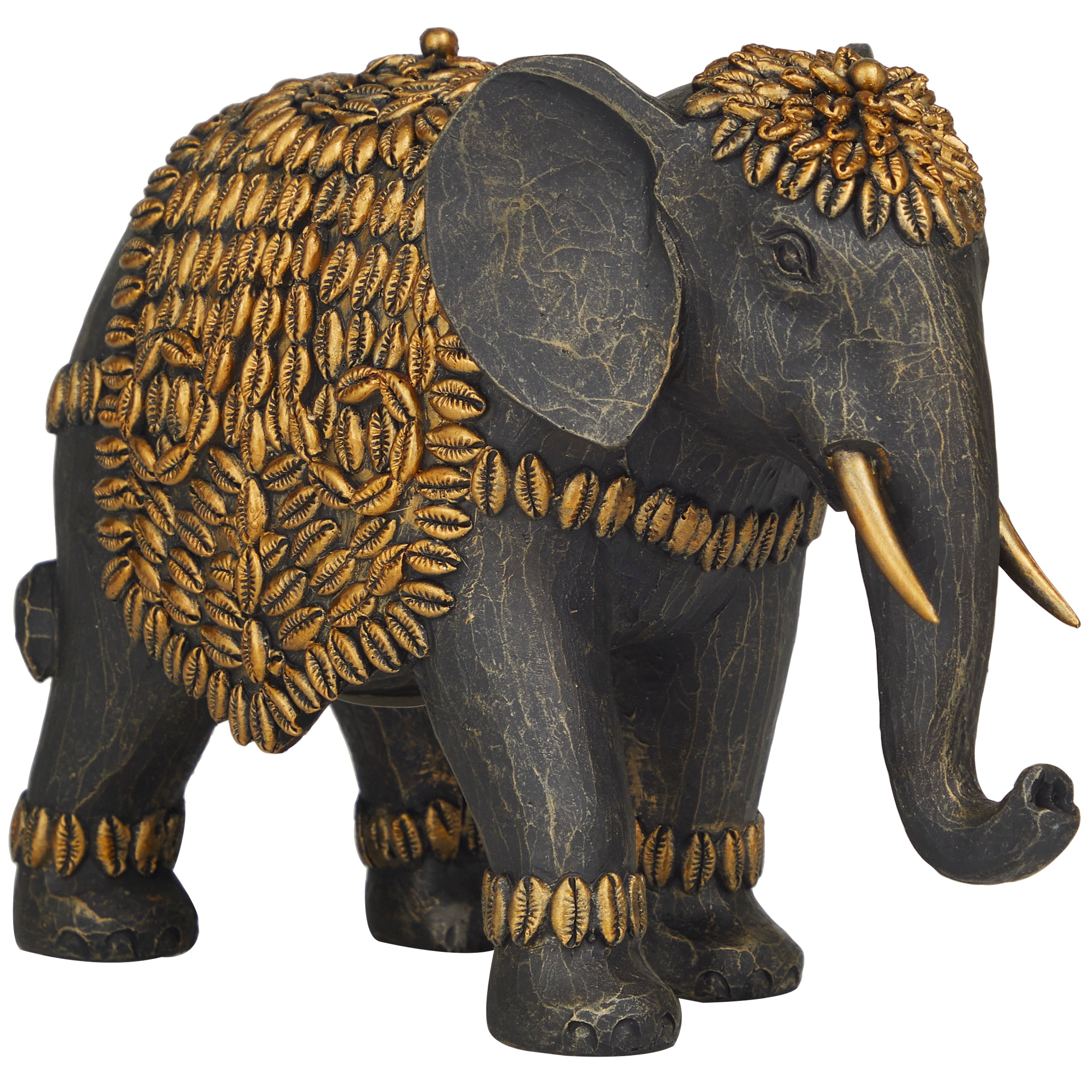 Black Polystone Elephant Sculpture with Cowrie Shell Carvings