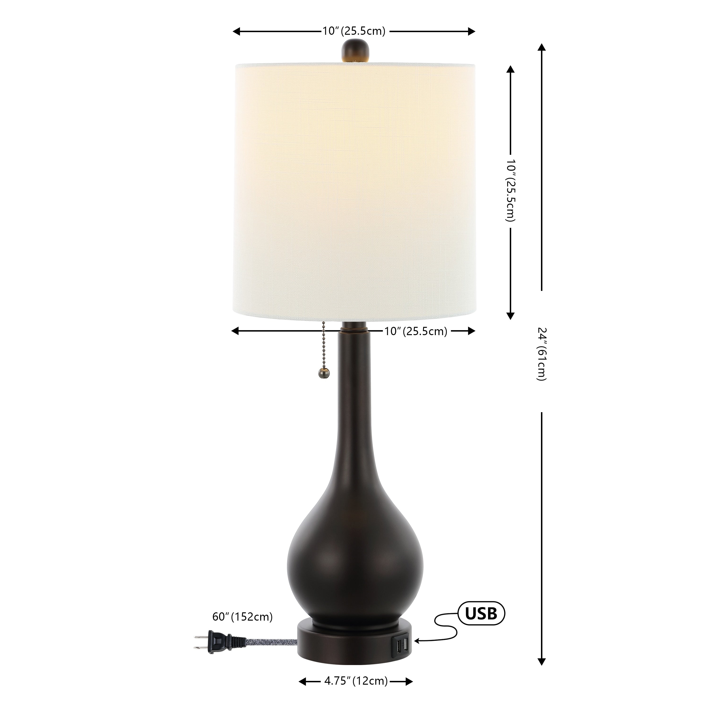 Grant 24 Modern Classic Gourd Iron LED Table Lamp with Pull-Chain with Dual USB Charging Port, by JONATHAN Y (Set of 2)