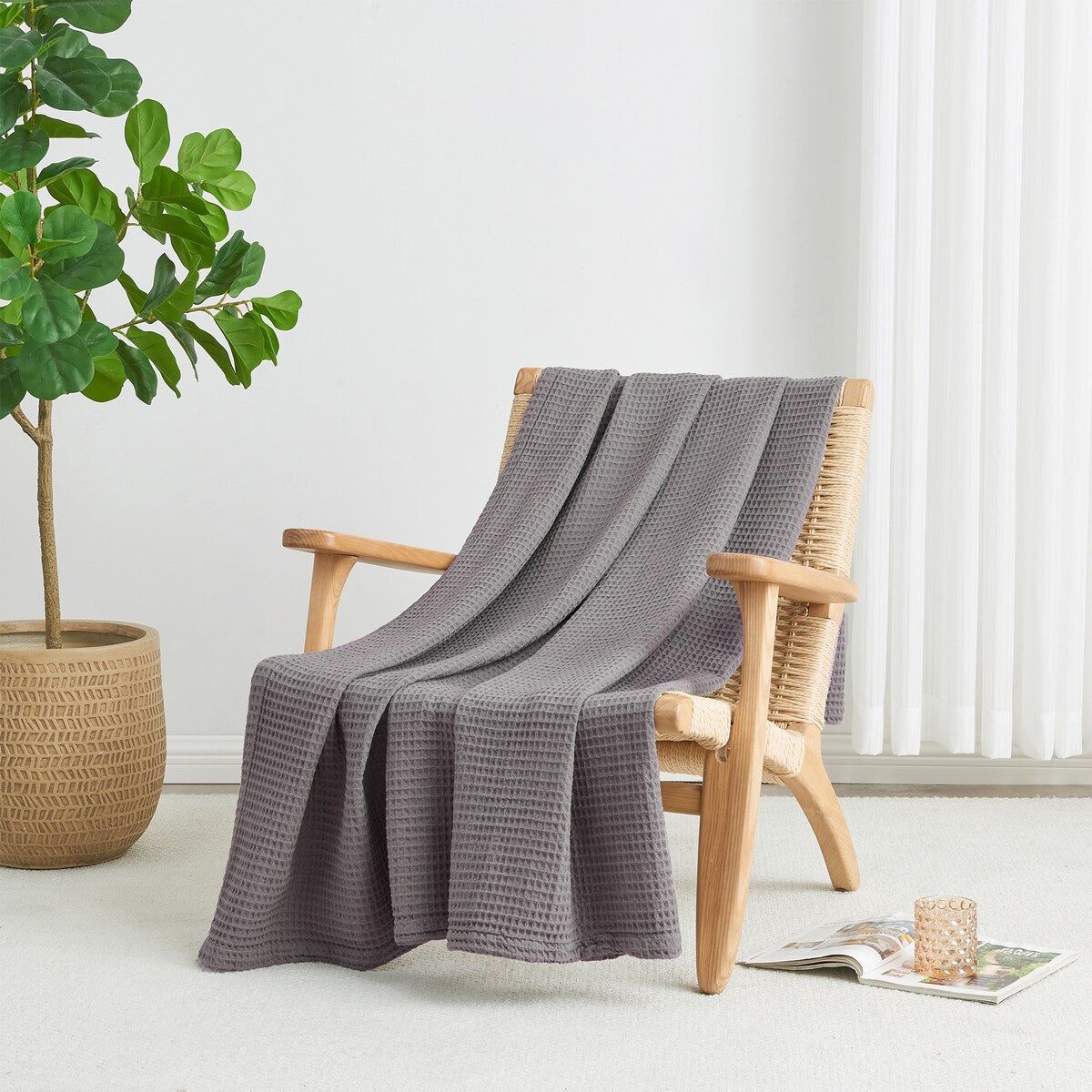 Linery & Co. 100% Cotton All-Season Lightweight Waffle Weave Knit Throw Blanket