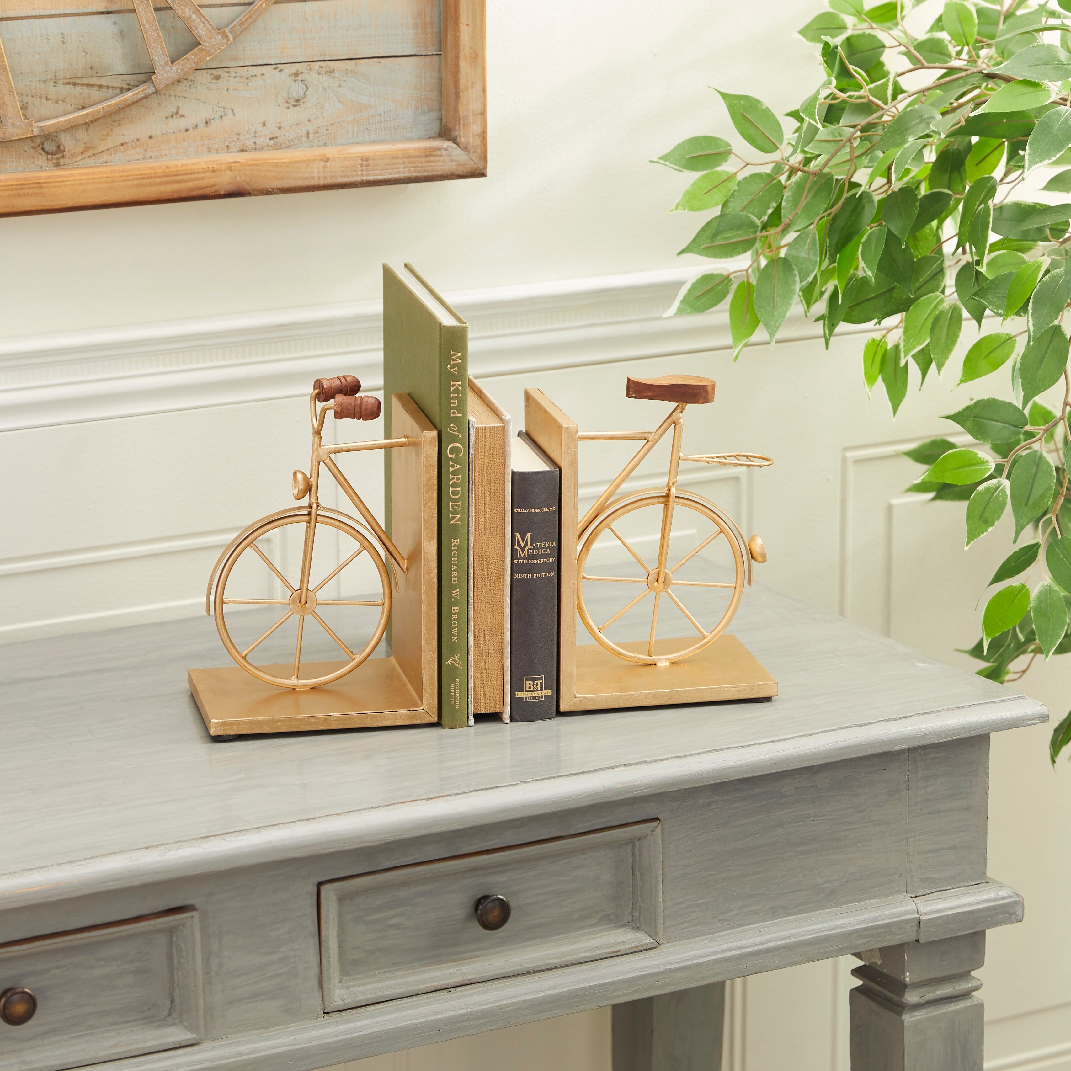 Black or Gold Metal Bike Bookends with Wood Accents (Set of 2)