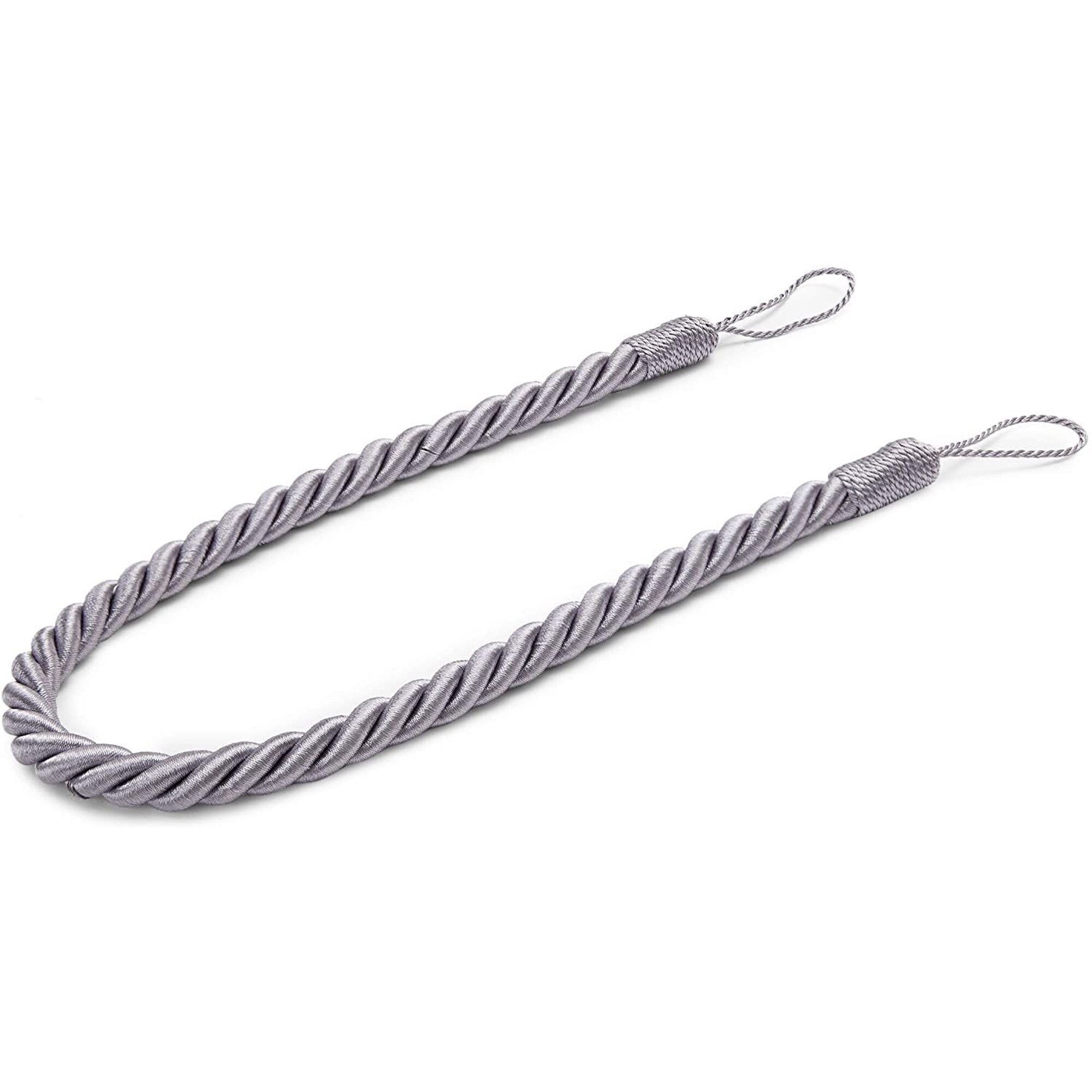 Light Grey Rope Curtain Tiebacks with Hooks, Holdbacks for Drapes (26 in, 2 Pairs)