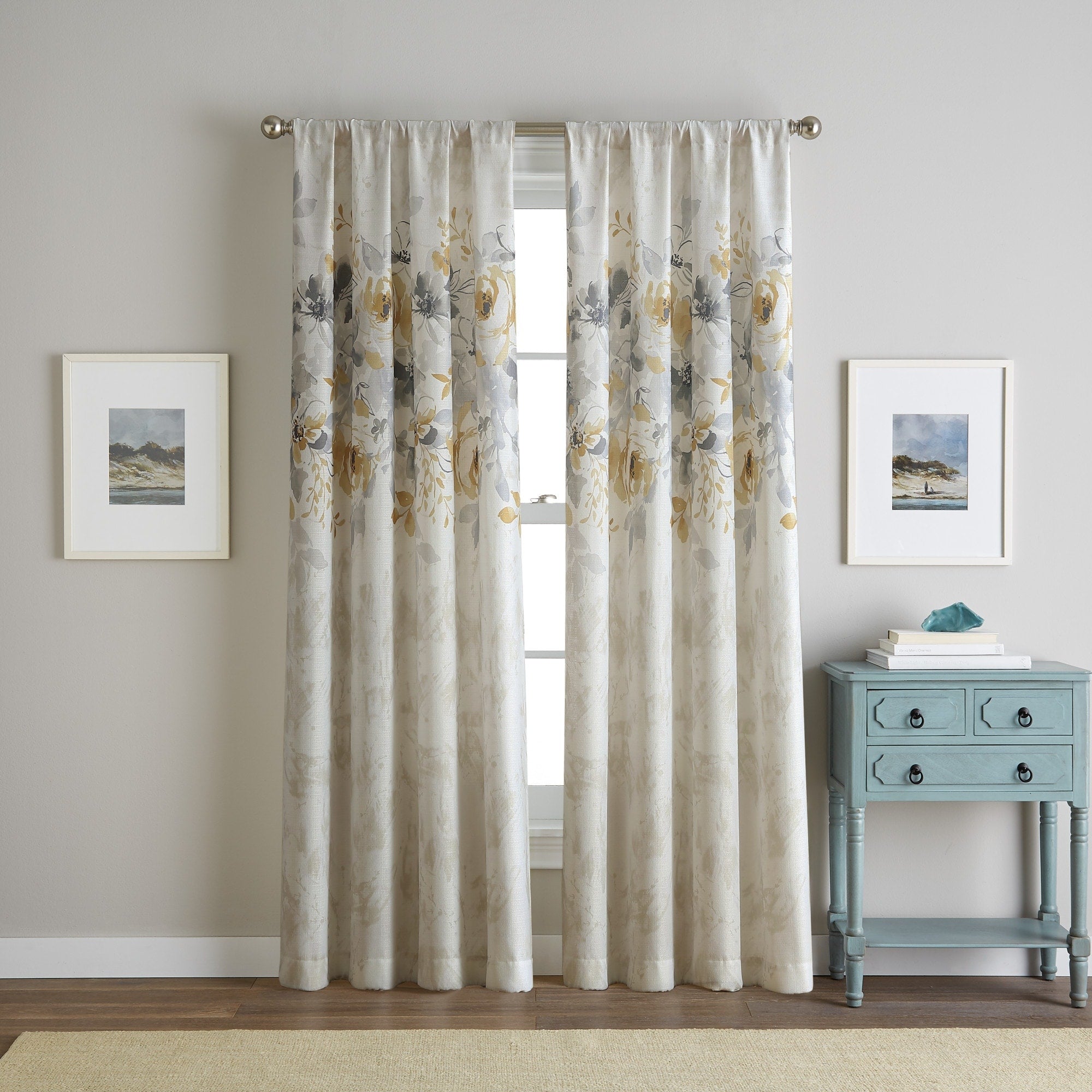 Watercolor Floral Flip Over Rod Pocket Single Curtain Panel