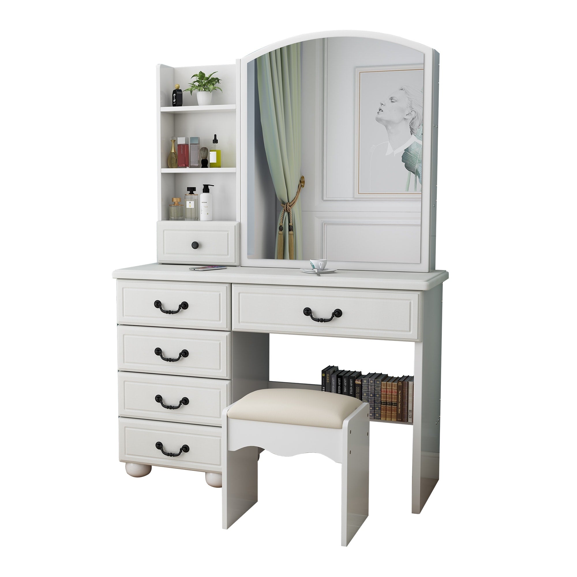 Fashion Vanity Desk with Mirror and Lights for Makeup, 6 Drawers