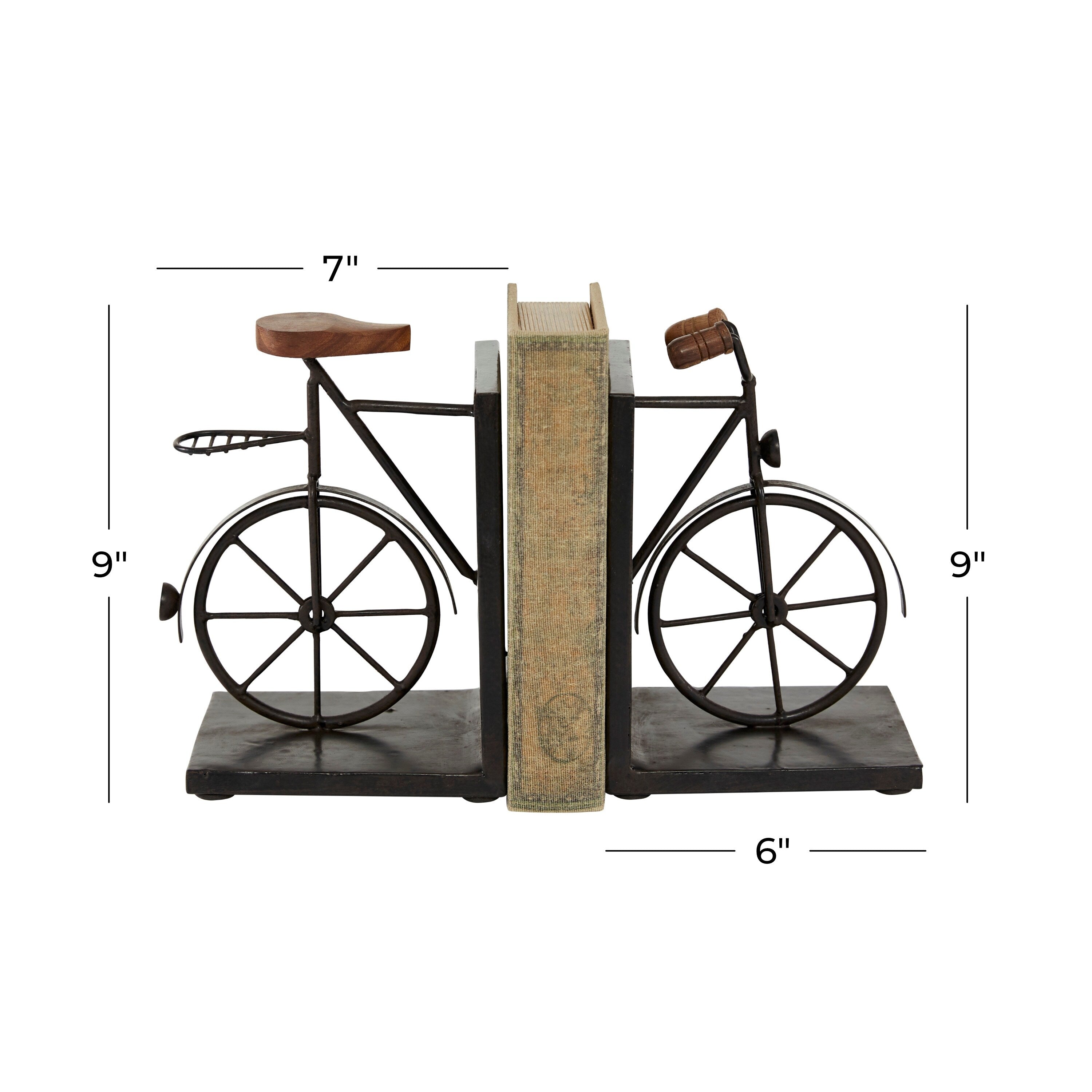 Black or Gold Metal Bike Bookends with Wood Accents (Set of 2)