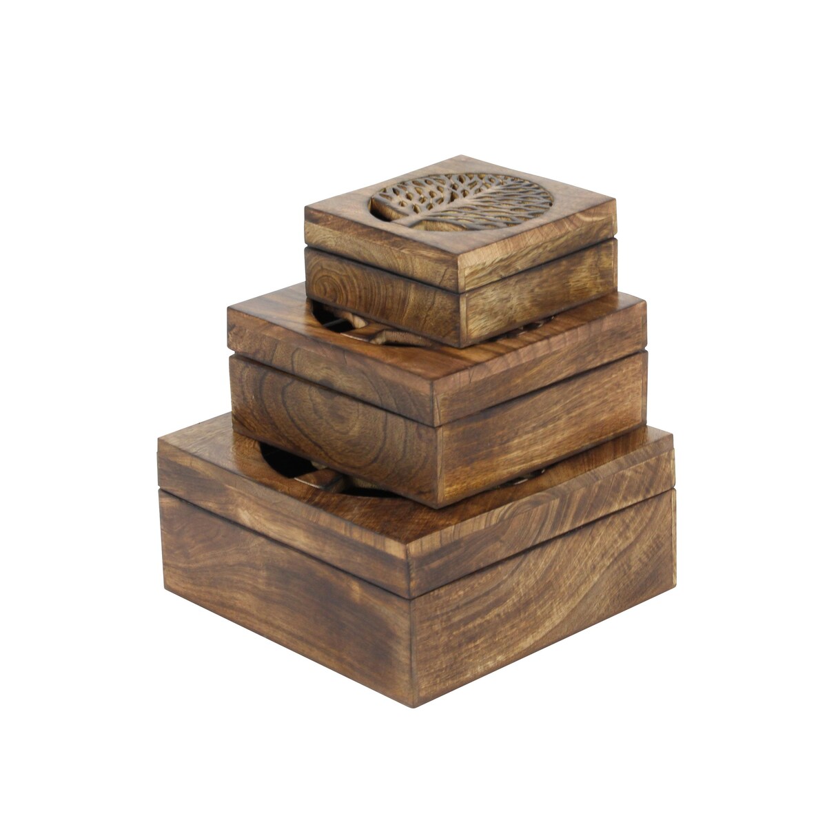 Wood Tree Handmade Decorative Box with Hinged Lid - Set of 3 Brown - Roche River Decor