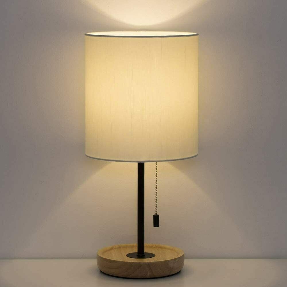 Bedside Black Modern Table Lamp With Tan Wood Base