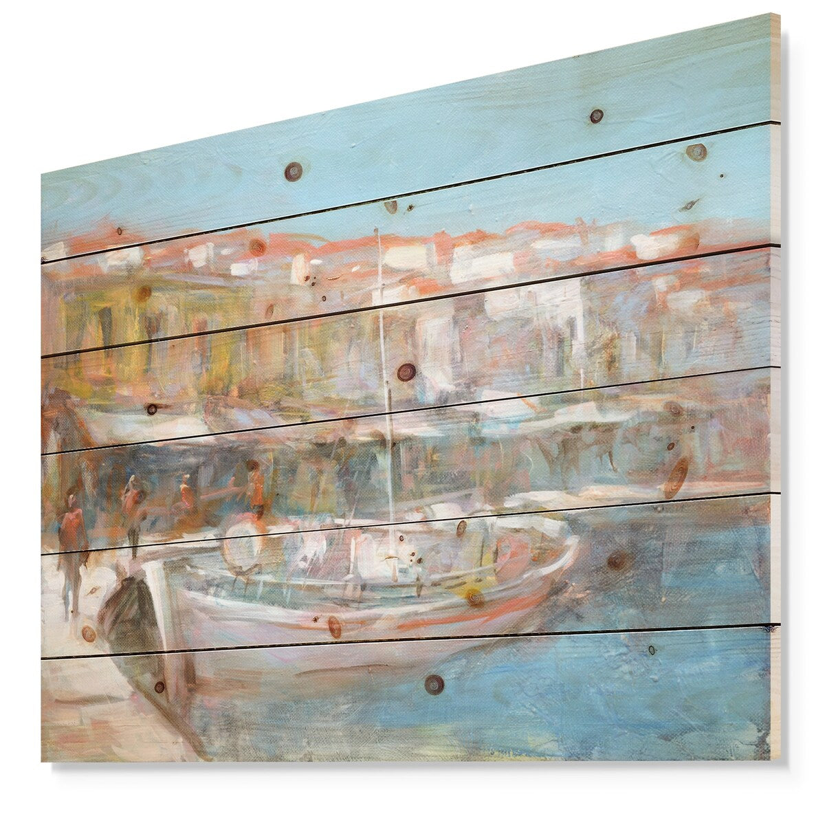 Designart 'Fishing boat in Croatian Coast' Sea & Shore Print on Natural Pine Wood - Blue