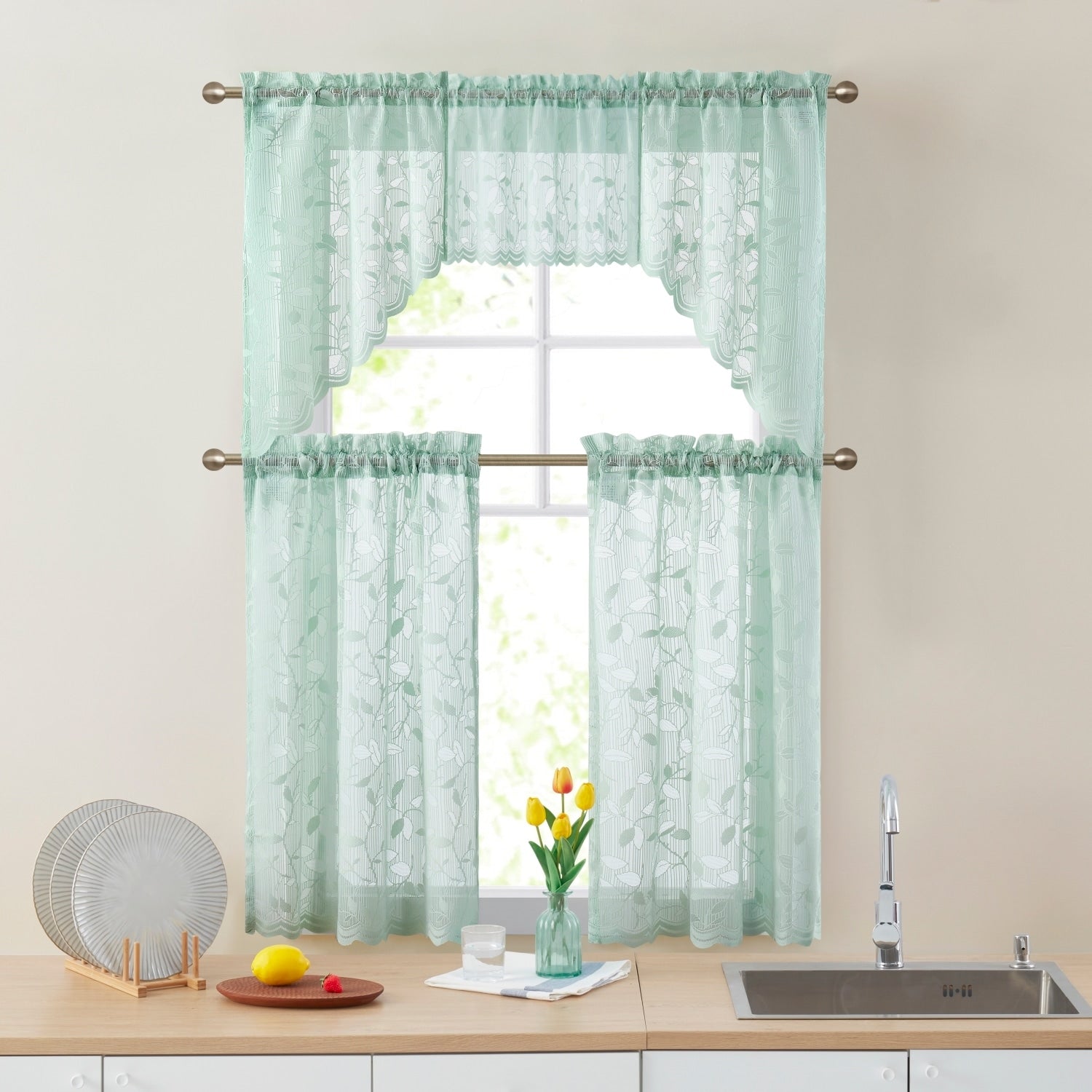 HLC.me Joyce Lace Sheer Kitchen Cafe Curtain Tiers for Small Windows, Kitchen & Bathroom