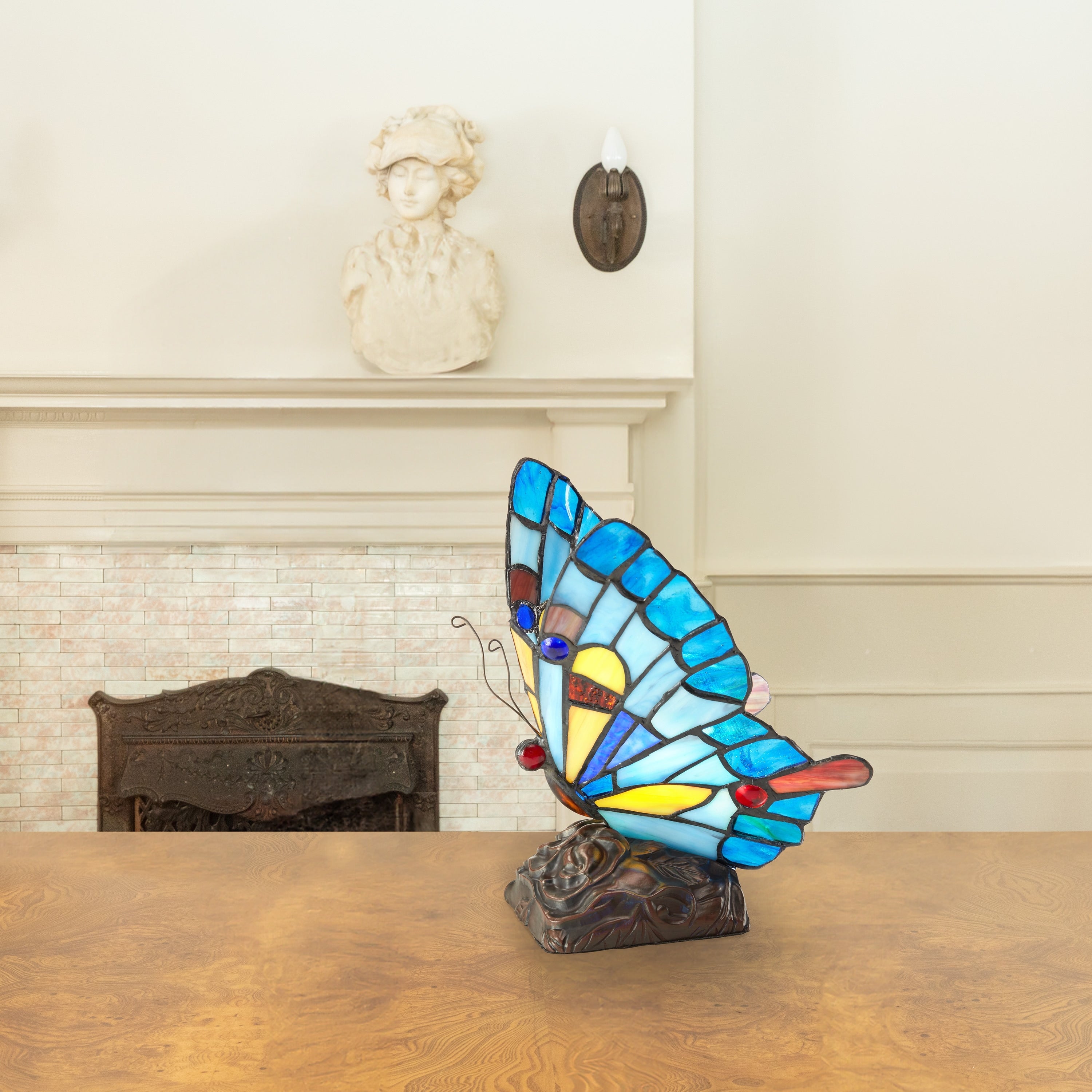 River of Goods Stained Glass 9.5-inch Tiffany Style Flying Butterfly Accent Lamp