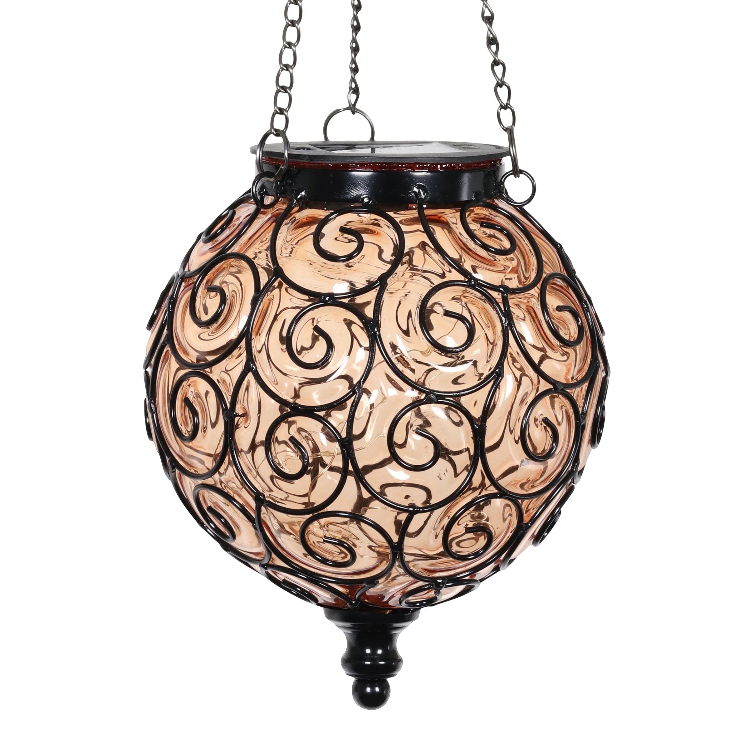 Exhart Solar Round Glass and Metal Hanging Lantern with 15 LED Fairy Firefly String Lights, 7 by 21 Inches